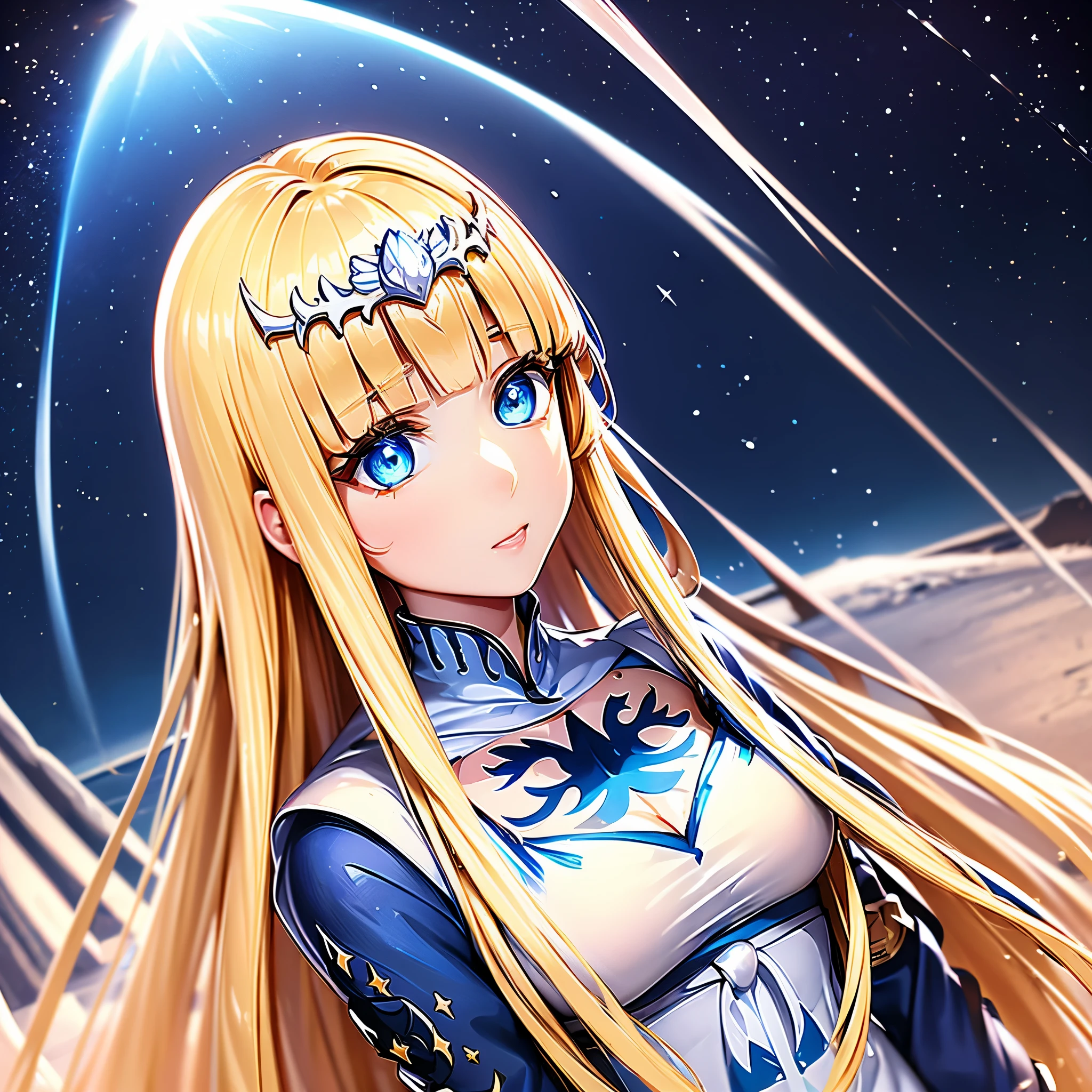 (8K),(Best quality), (Detailed eyes), (detailed hairs),sideface,Deep blue eyes, Stars in Eyes, long hair ,Hairpins on the head,Traditional Chinese clothes, under moonlight,Wish,1girl, Calca, blonde hair, extremely long hair, white tiara, white dress, blue eyes, medium breasts