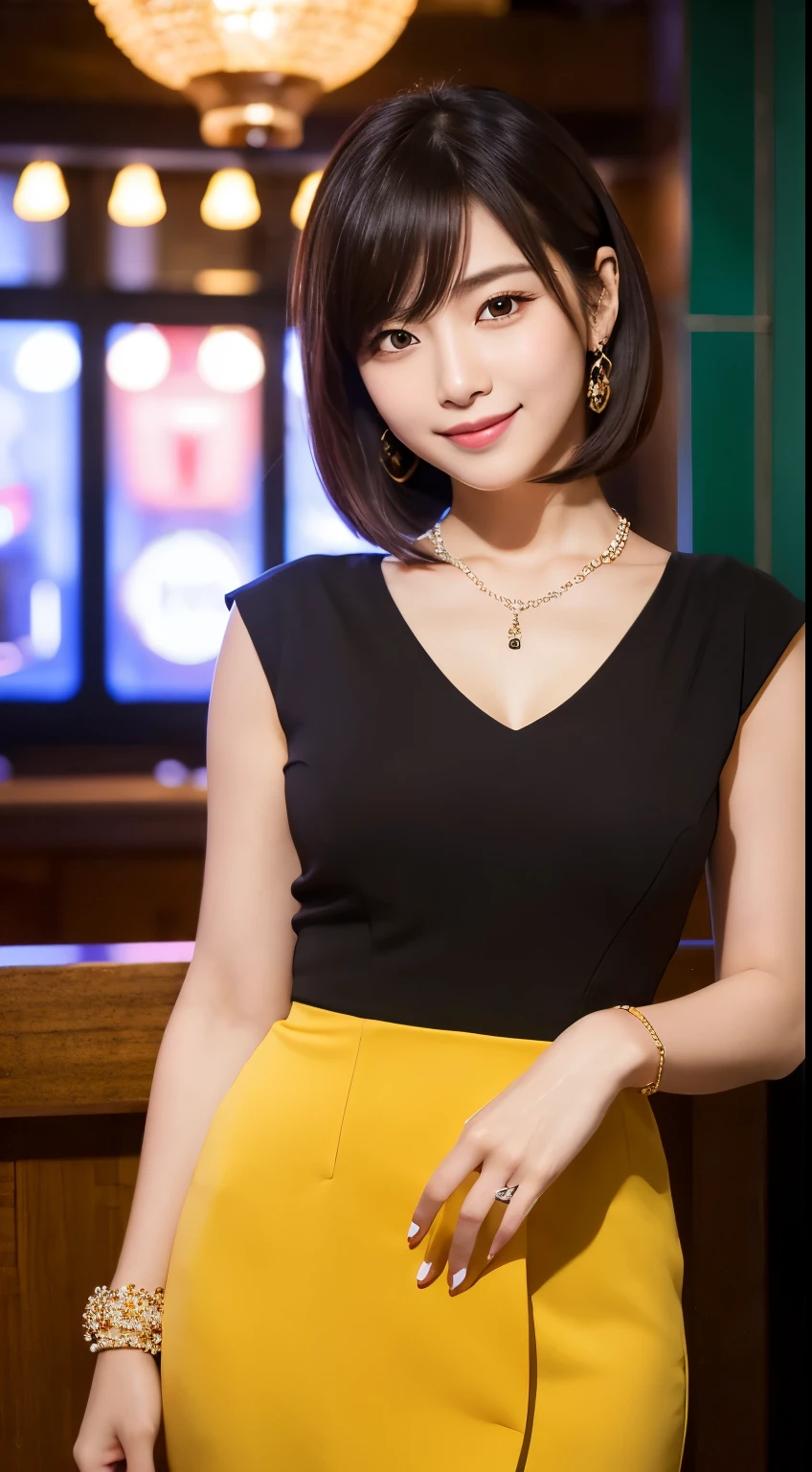 Best-quality, Masterpiece, Ultra-High-Resolution, (Photorealistic:1.4), Raw-Photo, 32k photo of the most popular Japanese idol's girl in an elegant outfit, with detailed eyes and an appreciative smile, enjoying a live jazz performance. She’s wearing a sleek dress with modest jewelry, her hair styled in a chic bob. The image captures her in the intimate setting of a jazz bar, with a focus on her sophisticated taste and the vibrant musical atmosphere, extremely cute face like the most famous Japanese idol, extremely beautiful big-blackeyes, extremely beautiful hair