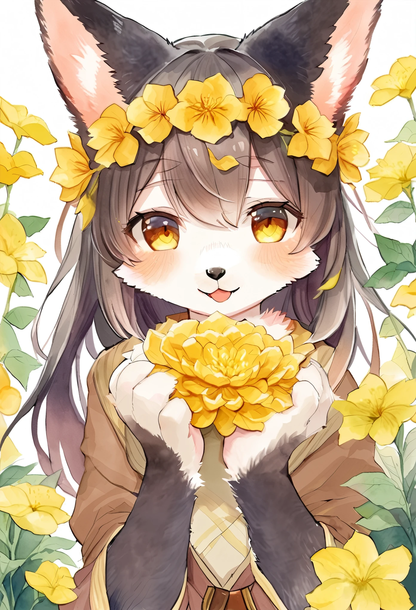 Watercolor elements, 1girl, kemono, furry, detailed body fur, animal face, animal hand, unfocused spread of gold flower, 