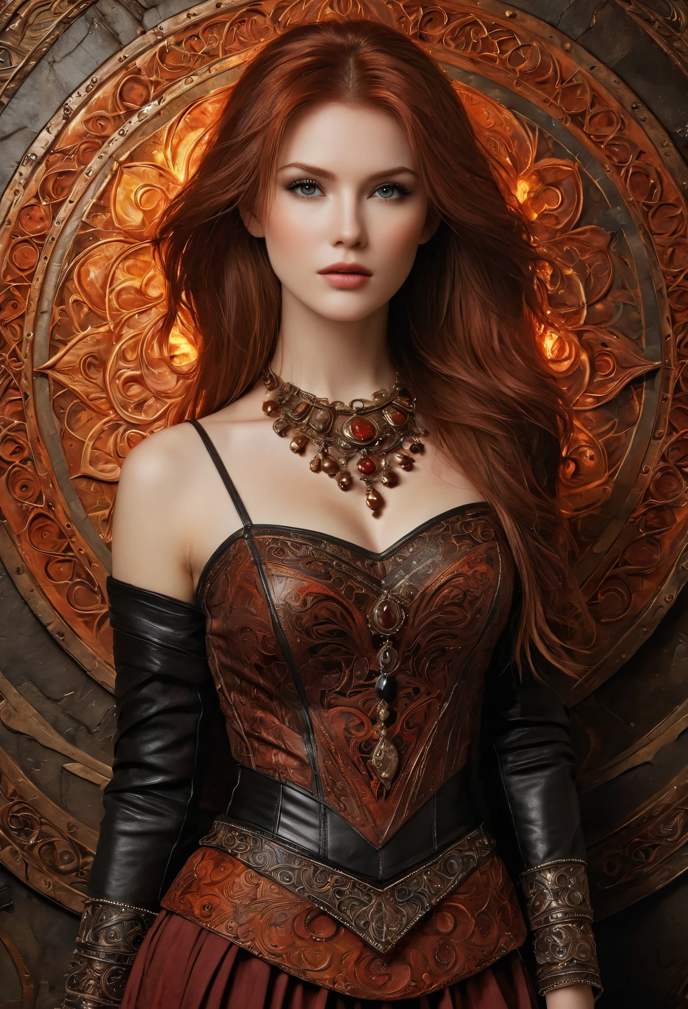 1girl, by Emily Kell and Luis Royo, 27 years old, official art, 8k wallpaper, full length, ultra detailed, beautiful and aesthetic, red hair, brown eyes, leather bust, skirt, A faint smile, masterpiece, best quality, realistic, extremely detailed, dynamic angle, (zentangle, mandala, tangle, entangle), the most beautiful form of chaos, elegant, a brutalist designed, vivid colors, romanticism, plasma flame