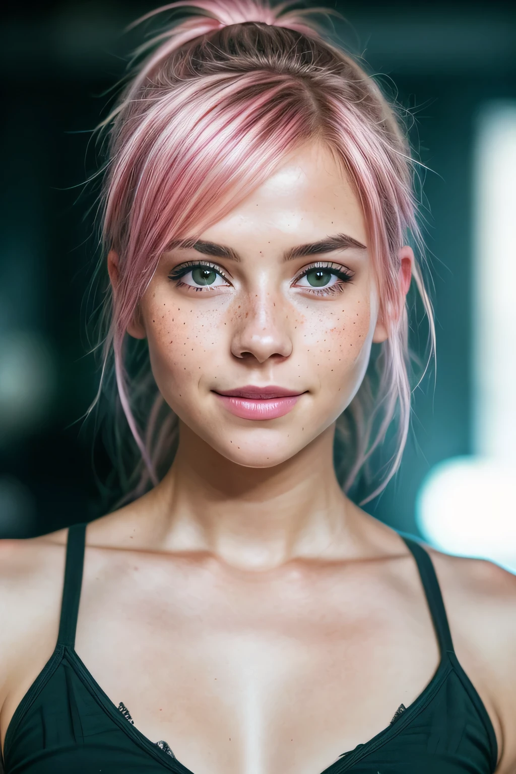 (RAW photo) night scene, close up photo of a sexy girl, posing, looking at viewer, smiling, pink hair in a ponytail, (green eyes:0.8), cute young face, 18 yo, soft volumetric lights, soft key and fill lighting, (backlit:1.3), (cinematic:1.3), intricate details, (ArtStation:1.2), skin blemishes, (freckles:0.9), detailed eyes, micro details, FUJI XT3, photorealistic, photorealism
