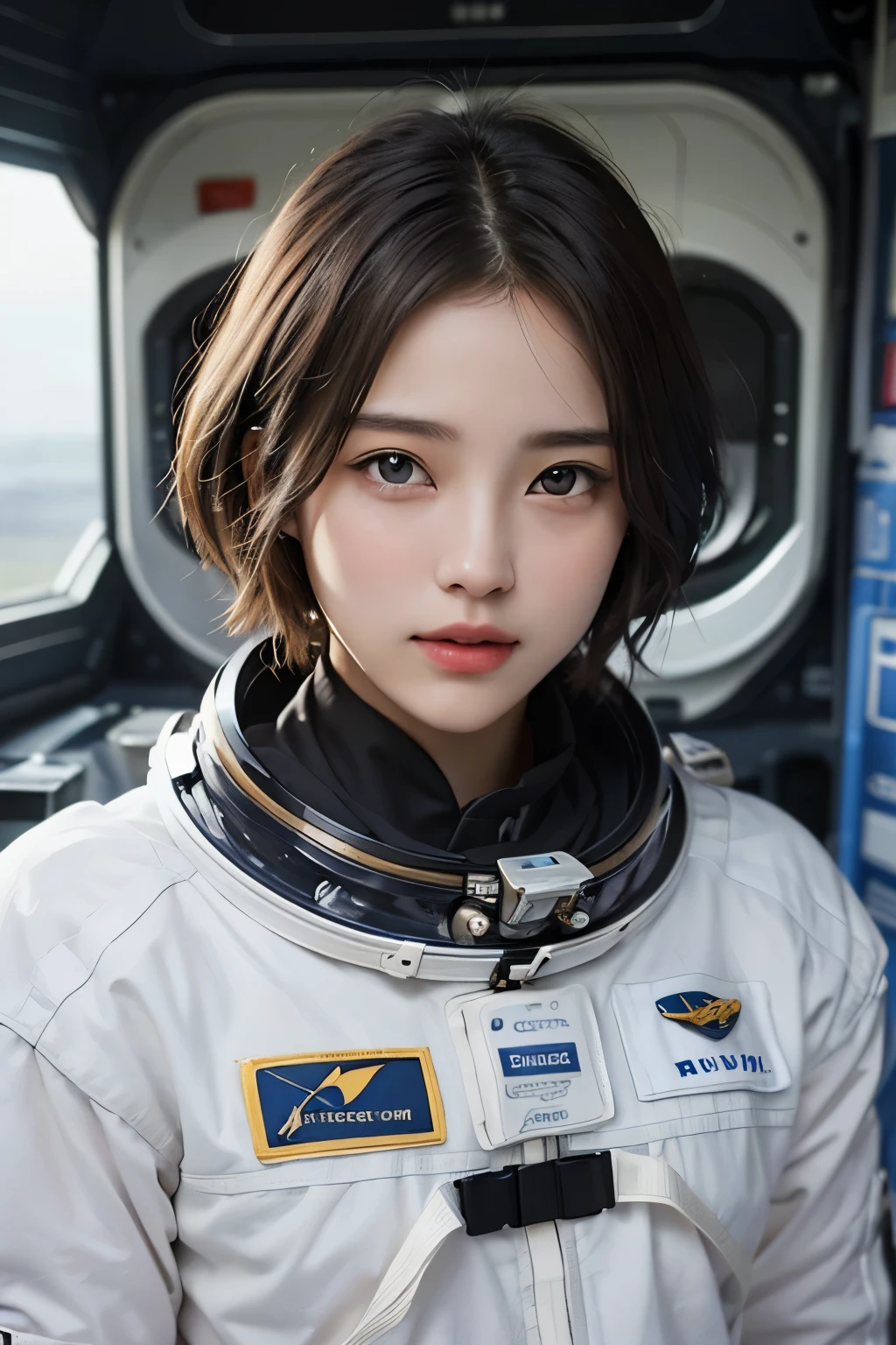 highest quality、masterpiece、ultra high resolution、(real:1.4)、Beautiful woman１、Beautiful details of eyes and skin、light brown short cut hair、small smile、latest space suit、space station、spaceship、Remains、cloudy sky、