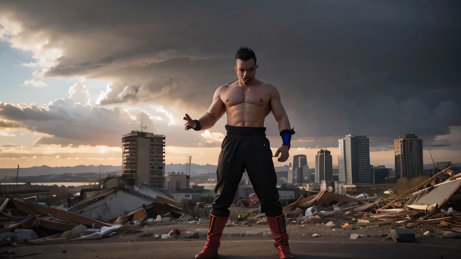 "Generate a thumbnail for my animation depicting Vegeta vs Saitama. Characters: Vegeta in battle stance with determined expression, Saitama with serious expression. Scene: Epic battle in destroyed cityscape with rubble and smoke. Background: Dark and dramatic skyline with thunderstorm. Text: Title 'Vegeta vs Saitama' in bold font, positioned at the top. Color Scheme: Vibrant colors with high contrast. Overall Mood: Intense and action-packed."