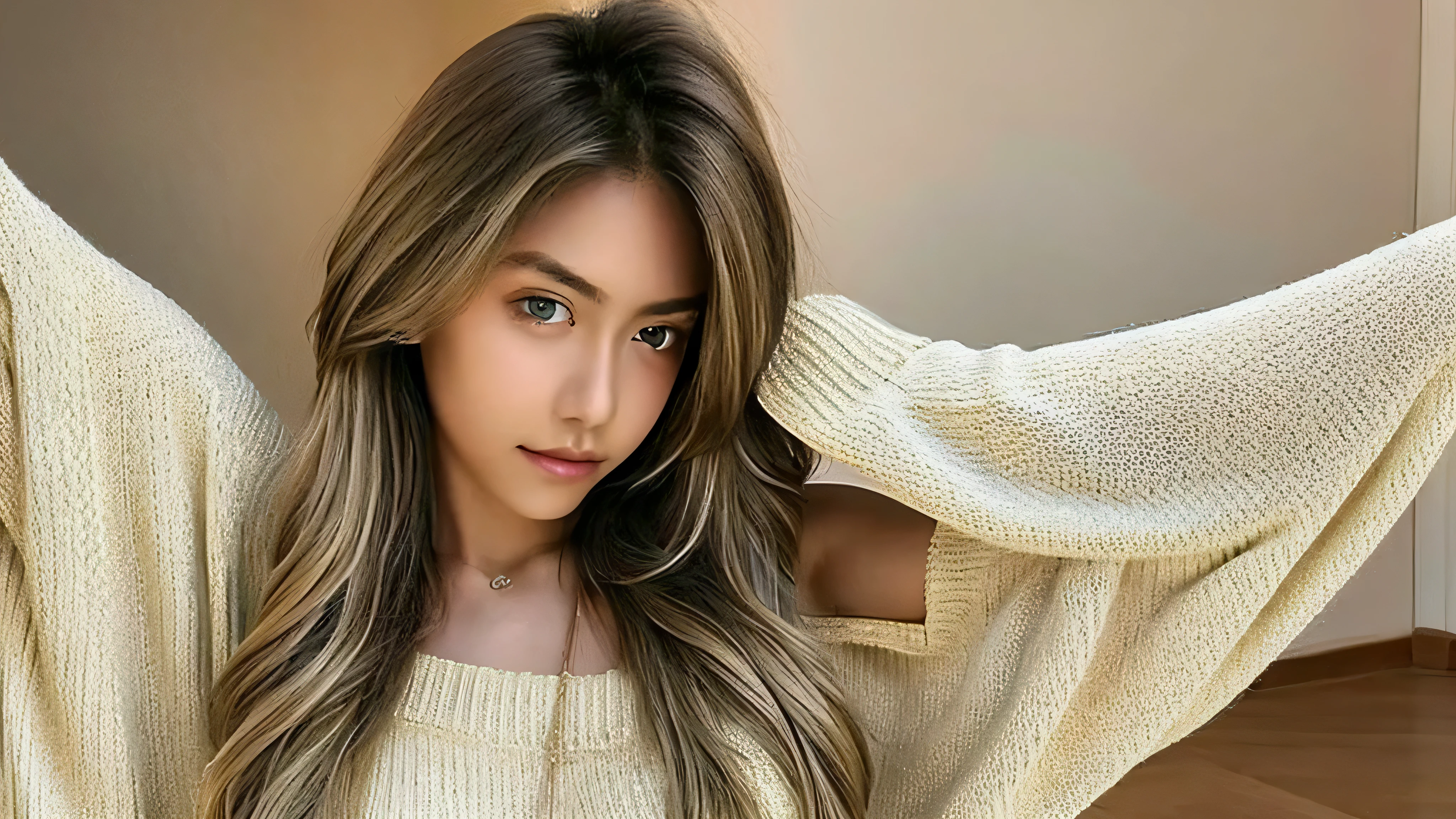 1girl in, age19, Solo, Long hair, Colossal , Looking at Viewer, blondehair, Bare shoulders, Brown eyes, jewely, Full body, a necklace, off shoulders, Sweaters, Realistic, A sexy