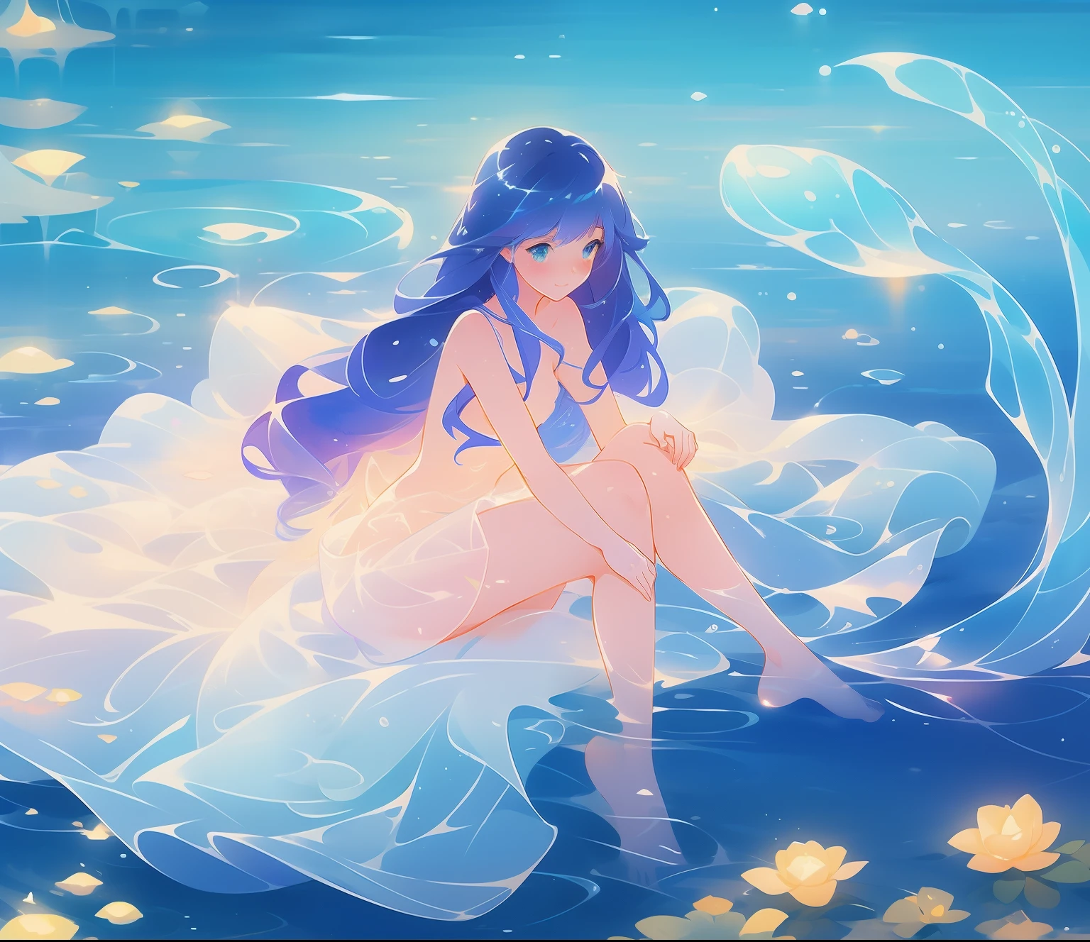 beautiful nude girl covered by seafoam, long dark hair, beautiful girl sitting in the water, private areas covered by seafoam, water nymph, water fairy, watercolor illustration, inspired by Glen Keane, inspired by Lois van Baarle, disney art style, by Lois van Baarle, by Glen Keane, jen bartel, beautiful digital illustration, fantasia otherworldly, beautiful, masterpiece, best quality, anime disney style