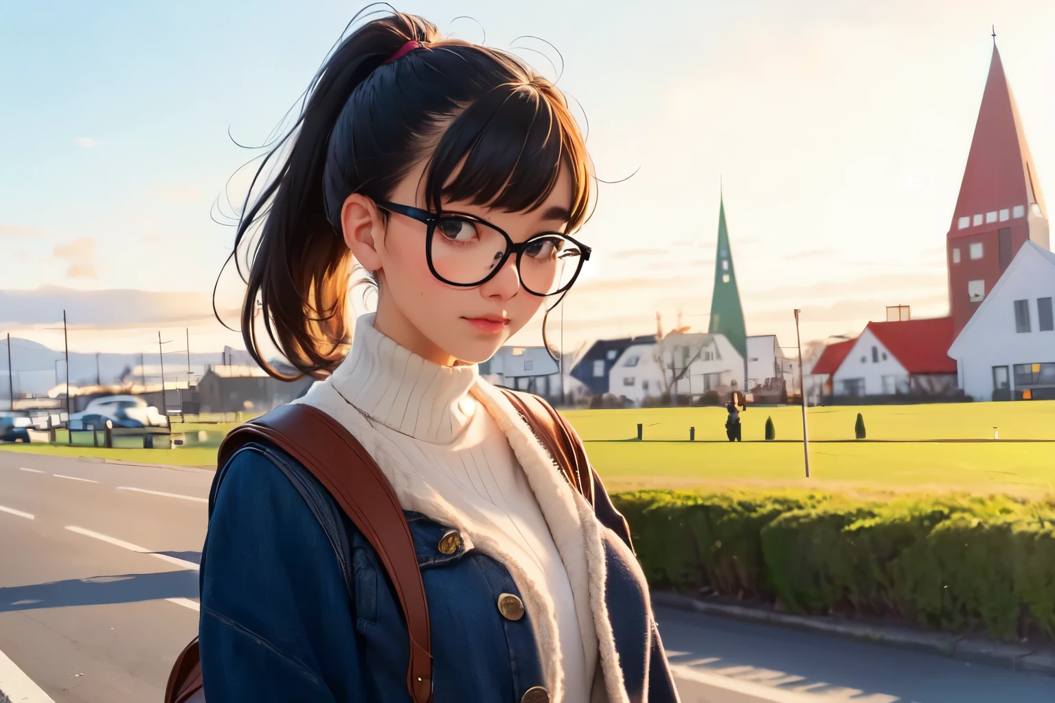 ((Wide angle)) Beautiful female tourist, black hair, ponytail, bangs, large glasses, smock, ((wearing a preppy style outfit)), morning light, Reykjavik, Iceland