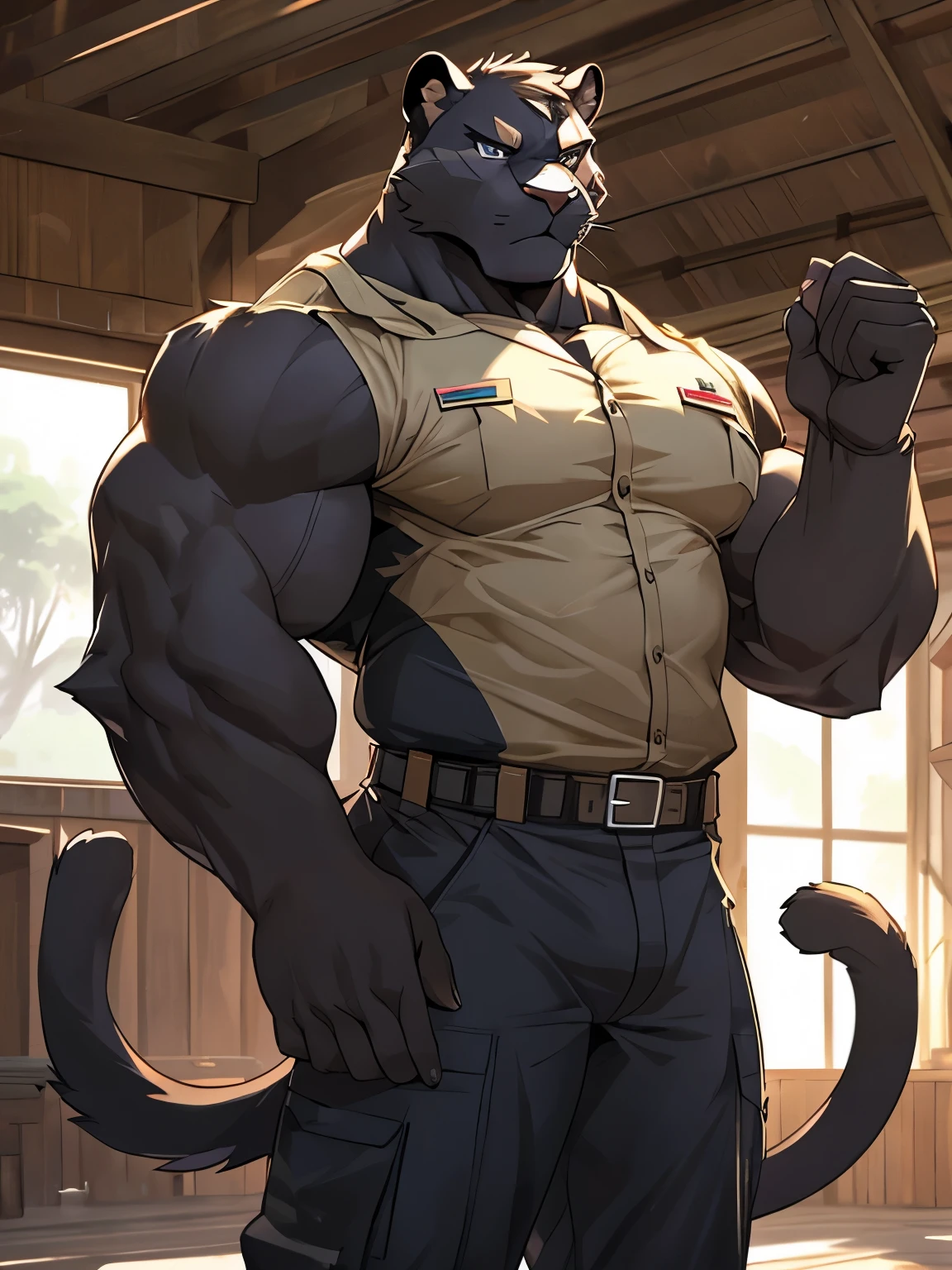 solo, anthro (Neapolitan mastiff, cane corso), full ears, brown and gray skin, detailed eyes, Gym: 1.6, sweat, heavy breathing: 1.5, correct anatomy, biceps, (muscular) veins throughout the body, training biceps (American style military uniform: 1.2), tatami background, 8k hd, dark shadows