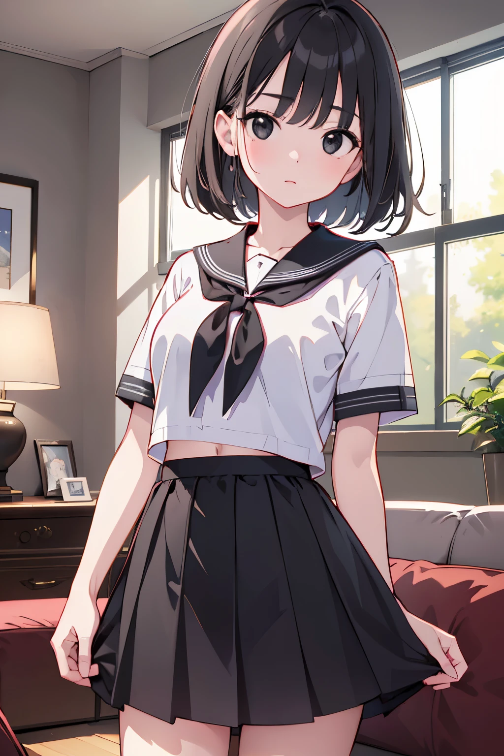 (master piece:1.2), (best Quality:1.2), (ultra detailed:1.2), (highres:1.2), 4k, 8k, from front, cowboy shot, look at viewer, beautiful detailed eyes, straight hair, short hair, black hair, (black eyes:1.2), beautiful breasts, , 14 years old, slim, black ving room, Expressionless, from adobe,
