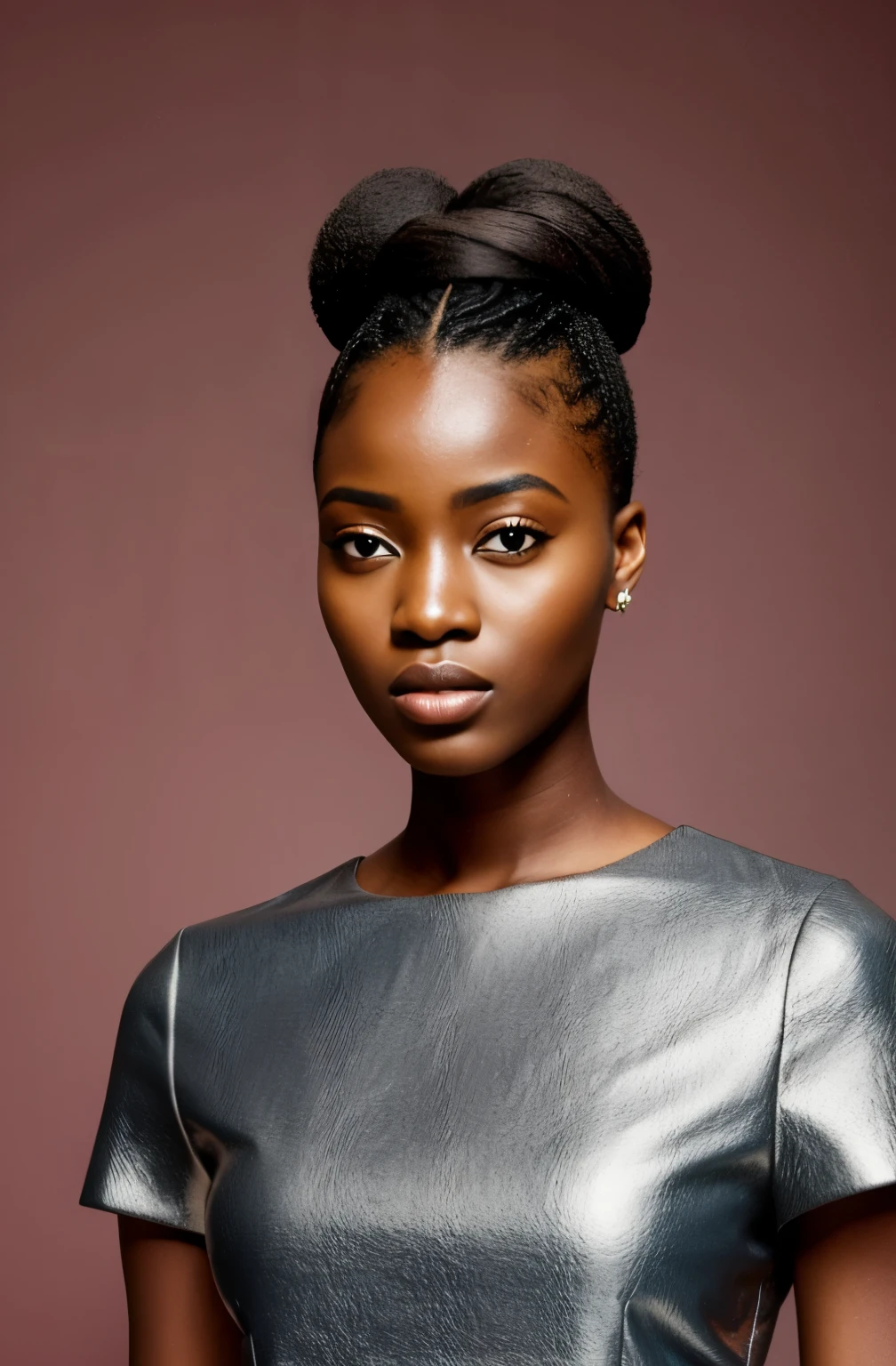 one African model ,Unique hair details, virtual and augmented reality clothing , Near future, Curvilinear details , detailed eyes, double eyelid, plump lips, bun hair, professional makeup, hyper res, waterfall