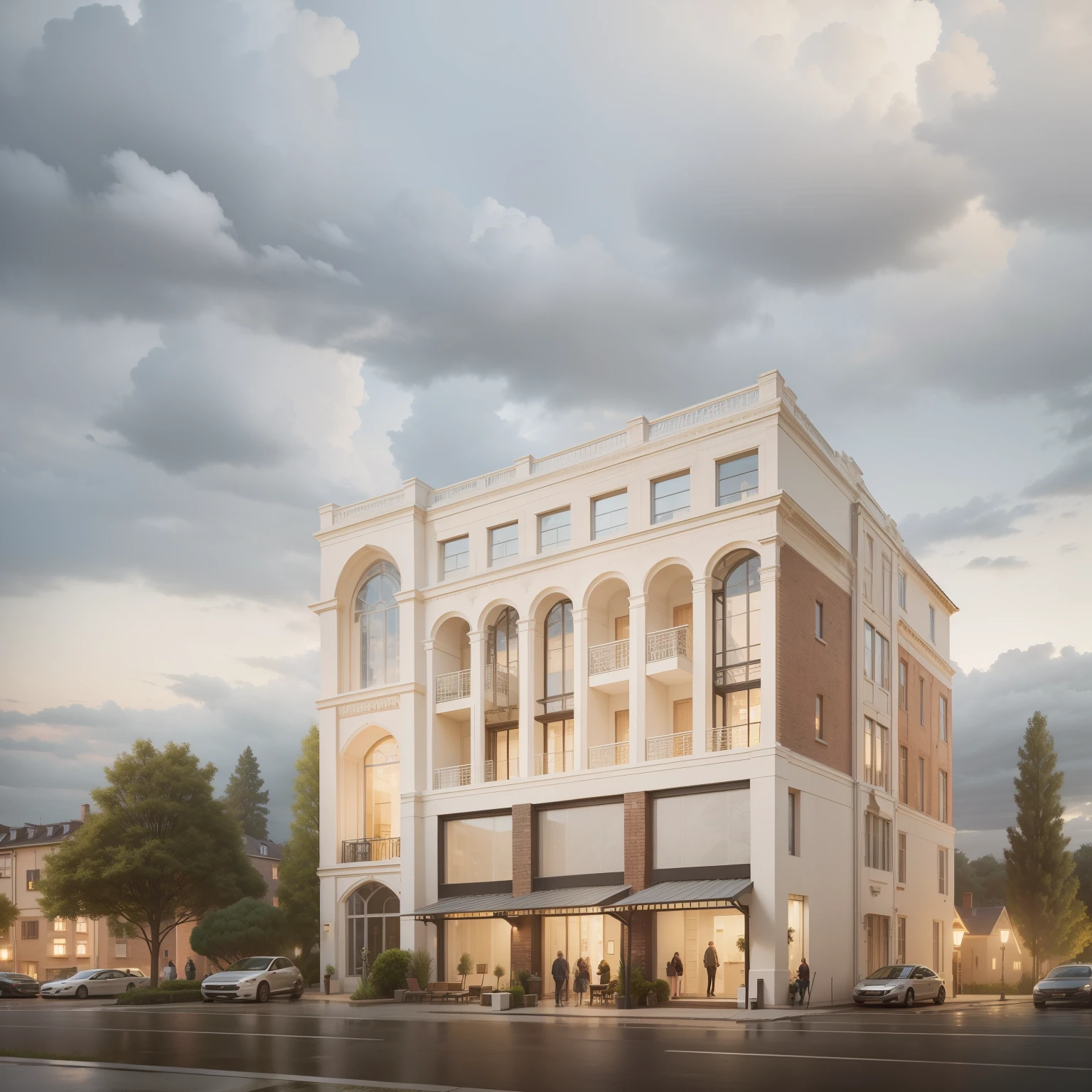 A multi-storey building is located in the middle of the frame，European architectural style，Night effect，Cloudy sky，Hyper-realistic picture，hyperedetailed photo，There are woods on both sides of the building，The exterior of the building is opalescent marble，There are night light effects turned on，There is a yard，There is a lawn，