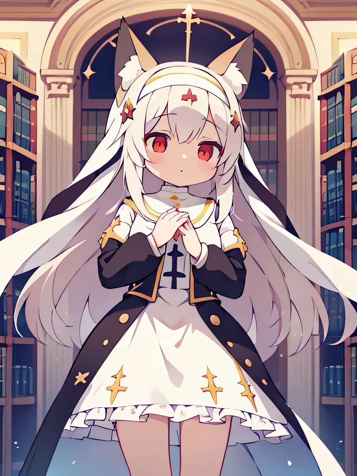 (A loli:1.1), lewd nun outfit, (whole body:1.1), (sunshine:1.1), (clear face:1.1), (masterpiece:1.2), (super-detailed:1.1), (epic composition:1.1), (ultra HD:1.1), (high quality:1.1), (extremely detailed:1.1), (official art:1.1), uniform, (8k:1.1), (super-detailed:1.1), (32k:1.1), (fox ears:1.1), fox tails, beautiful white long hair, (blank and empty eyes:1.1), (magical library background:1.1), devoid of emotion, red eyes, cute girl