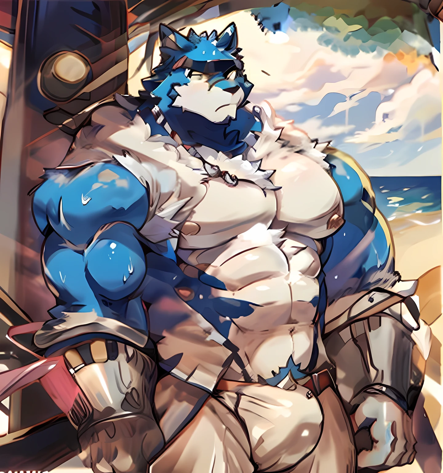Machgaogamon, Muscles, Shirtless, Beach, Wet