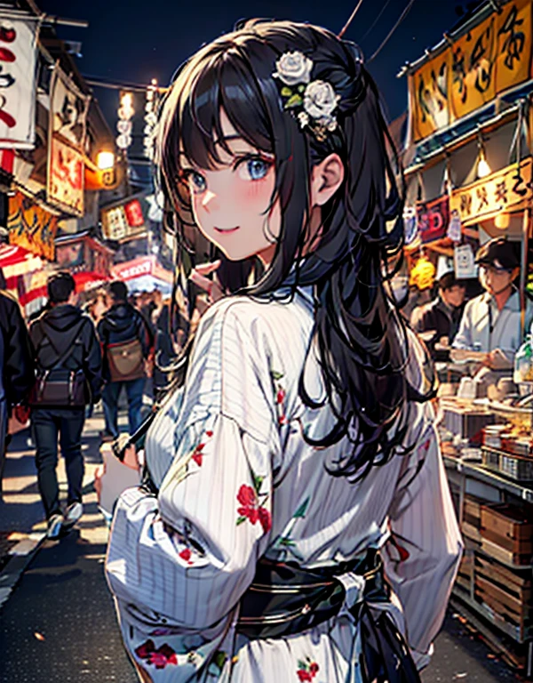 masterpiece, highest quality, Super detailed, shape, omatsuri, food stand, smile, 1 girl, beautiful eyes, looking at the viewer, from behind, cowboy shot, Please think back, yukata, wood, outdoor,road, walk, crowd, night, lanthanum, festival, food, paved, crosswalk road, paper lanthanum, street lamppost, long black hair