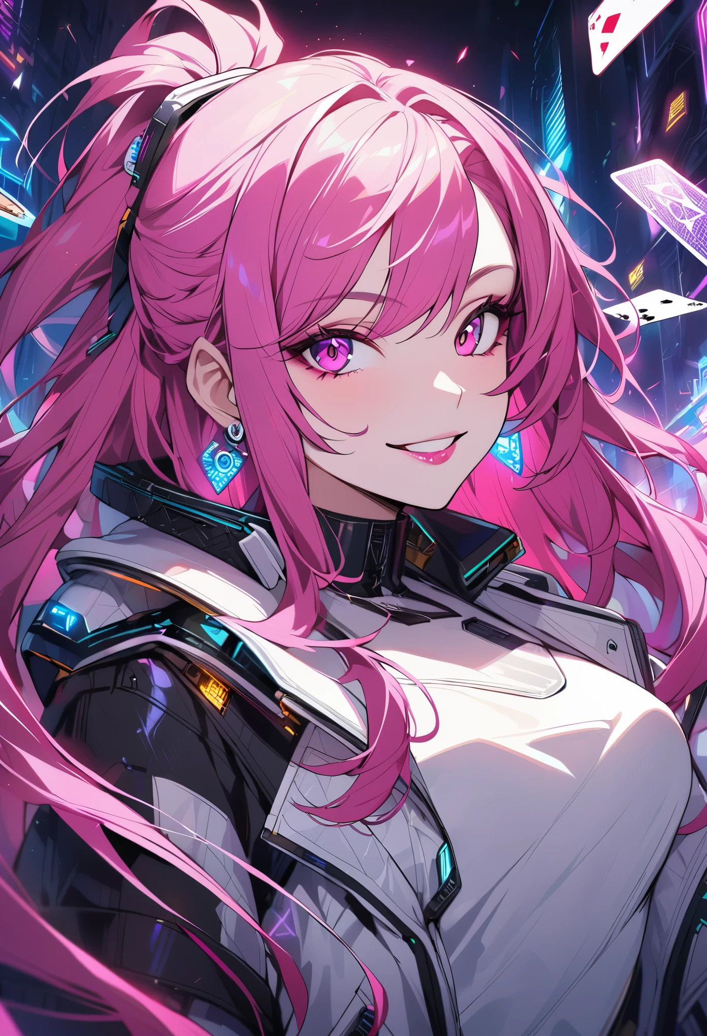 Beautiful, solo, 1 female, mature, long hair, magenta hair, hotpink eyes, white clothes, smile facial, futuristic, cyberpunk, gambler, cards, dices, earrings