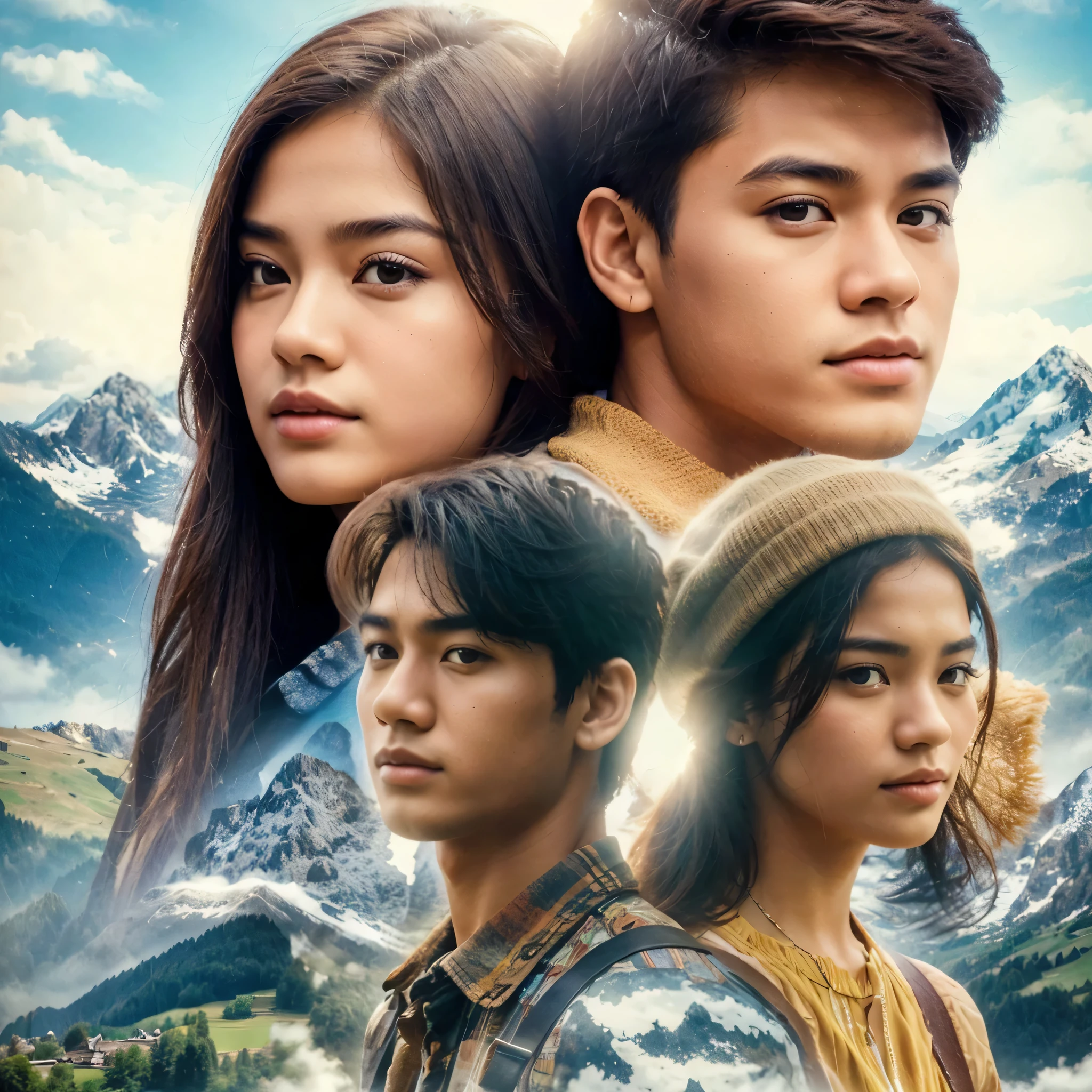 film cover, 2 pairs of Indonesian male and female lovers, 25 years old, clean faces, wearing stylish teenage clothes, romantic vibe, combined with a heavenly Swiss landscape background with double exposure effect, very detailed, HDR, UHD, 32K, highres, best quality