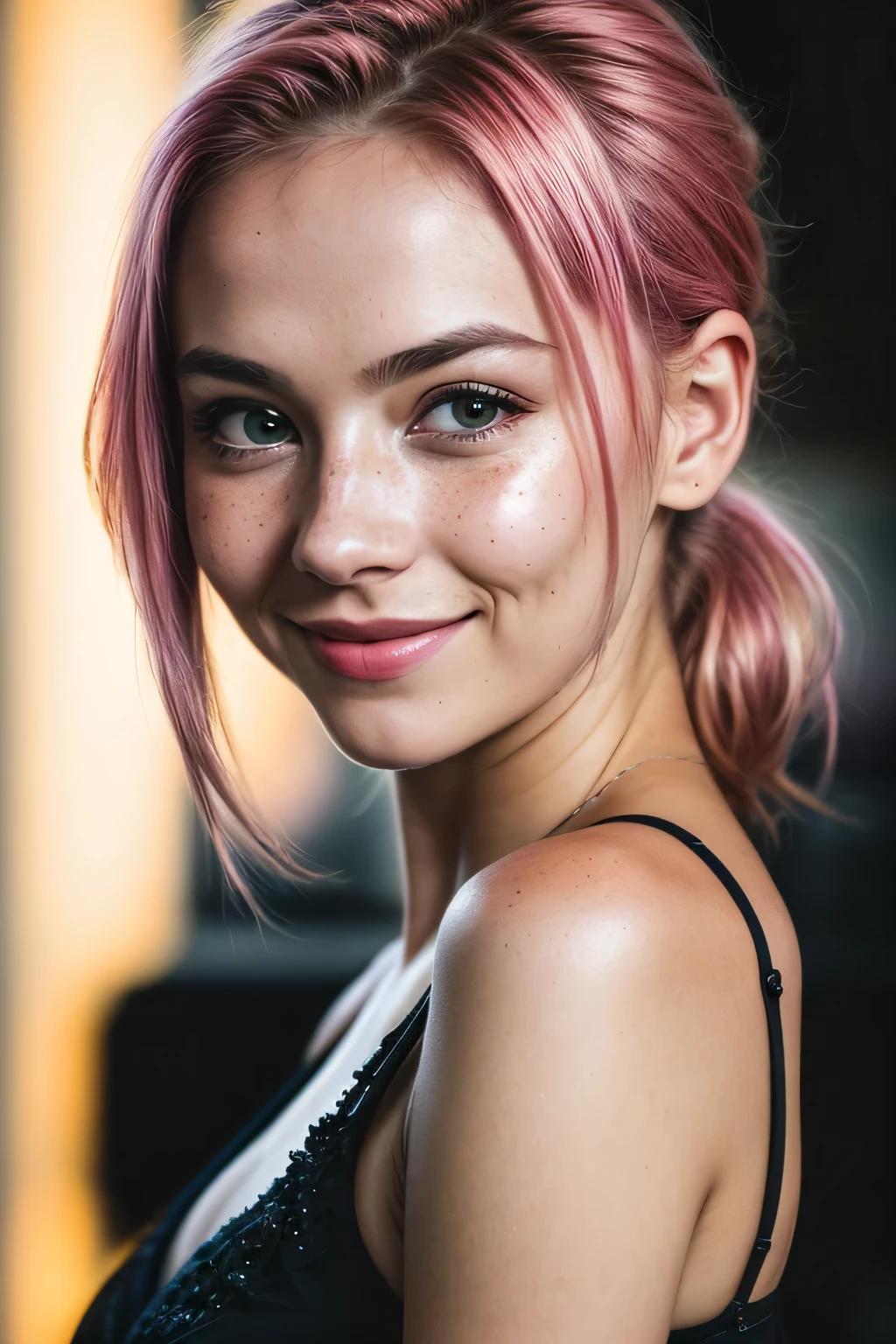 (RAW photo) night scene, close up photo of a sexy girl, posing, looking at viewer, smiling, pink hair in a ponytail, (green eyes:0.8), cute young face, 18 yo, soft volumetric lights, soft key and fill lighting, (backlit:1.3), (cinematic:1.3), intricate details, (ArtStation:1.2), skin blemishes, (freckles:0.9), detailed eyes, micro details, FUJI XT3, photorealistic, photorealism