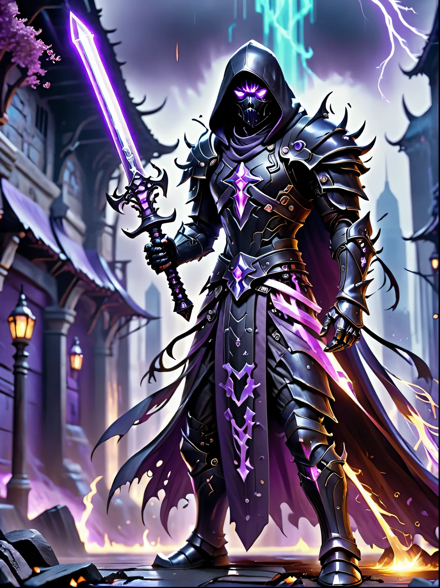 Hong Kong style, Soul Knight, Black undead armor with purple elements,Holding a transparent purple burning luminous crystal sword,The sword is grounded ,Black hood and cape, Robe-infused armor, glowing purple cross eye, natural inspiration, bones as accessories, City ruins at night, linquivera background full of chaotic patterns, rain, Disturbing, depress, masterpiece, HD,
