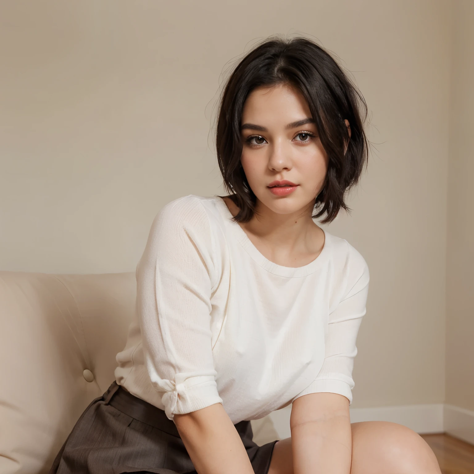 a white woman with short black hair, brown eyes, a beautiful face with slightly pink cheeks and a sweet look, with red lips, in a skirt