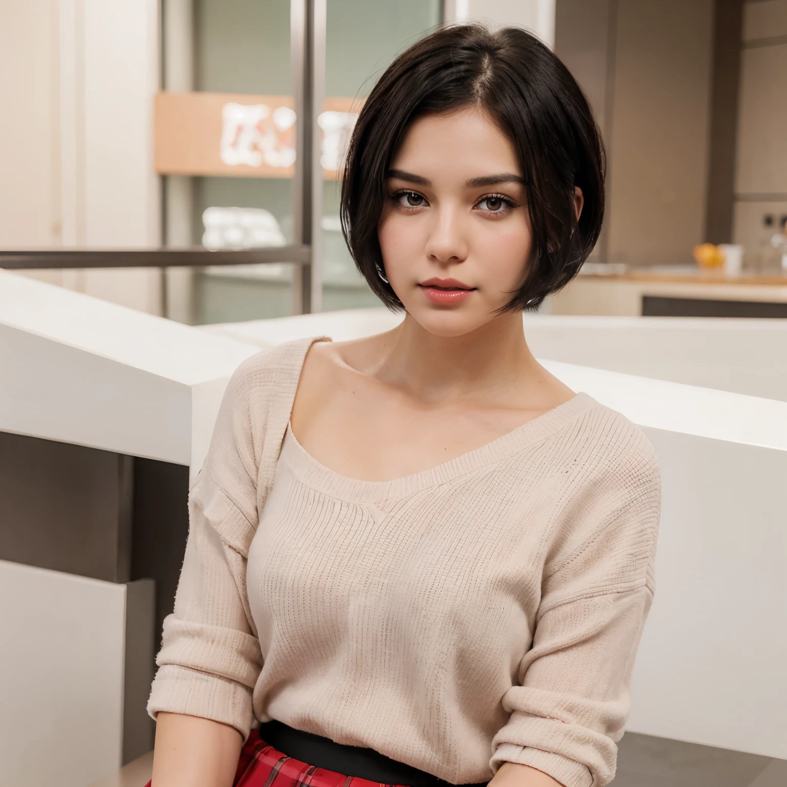 a white woman with short black hair, brown eyes, a beautiful face with slightly pink cheeks and a sweet look, with red lips, in a skirt
