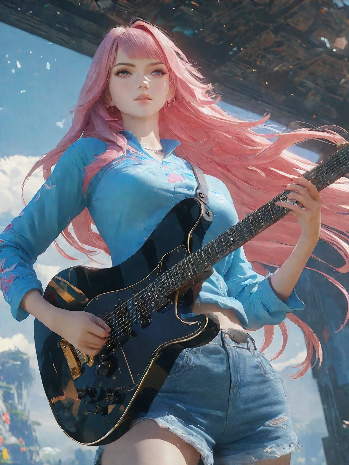 diy22,Highest quality, ultra-high definition, masterpieces, 8k, realistic, anime styled, 3d render,anime girl with pink hair and a blue shirt holding a guitar, artwork in the style of guweiz, ross tran style, ross tran. scenic background, anime girl with long hair, guitar solo, anime cover, high quality anime artstyle, in the style of ross tran, anime vibes, guweiz, beautiful anime art style, anime style 4 k
