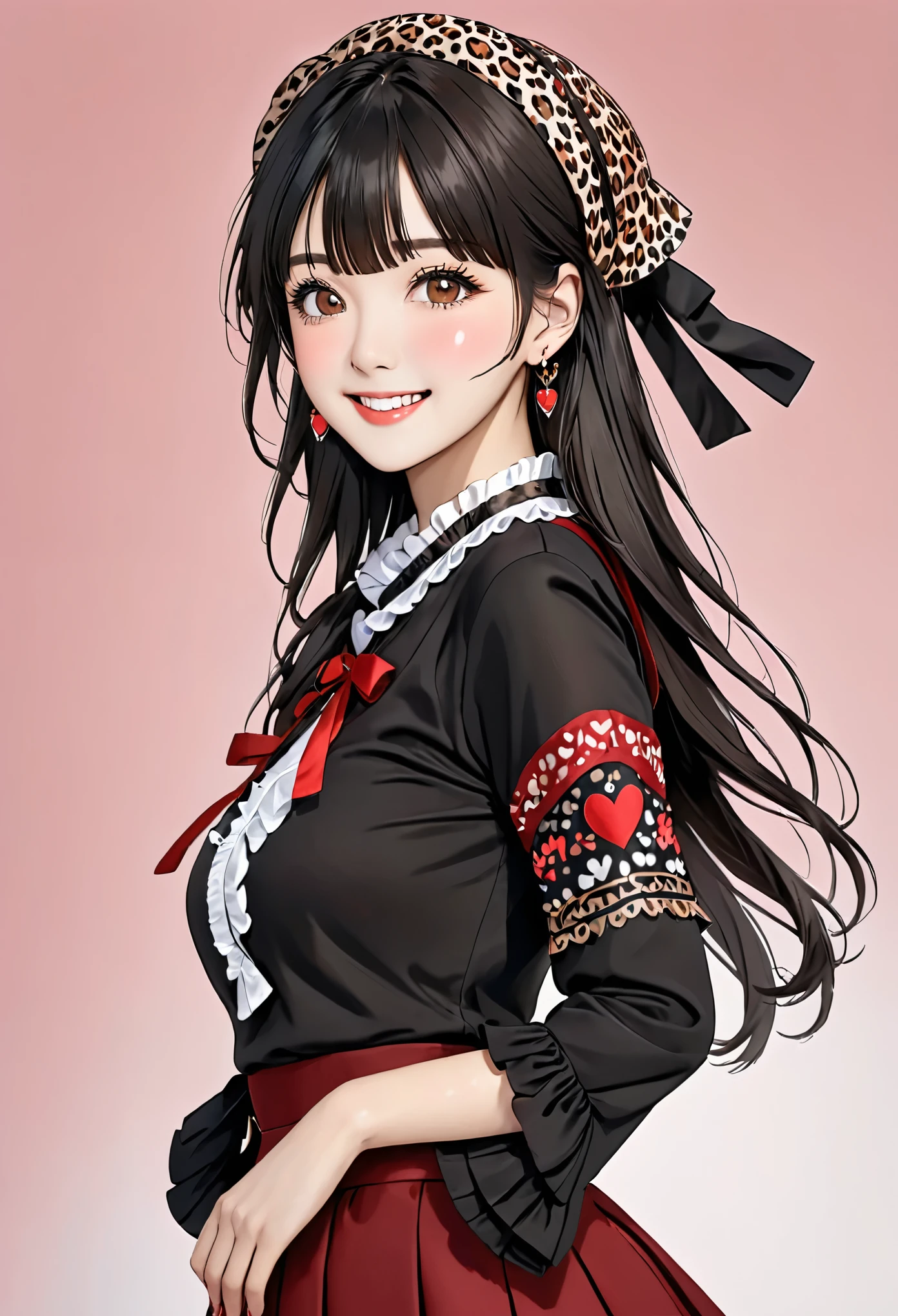 Masumi Fuyuko, 1 girl, alone, black hair, have, jewelry, long hair, looking at the audience, Bangs, earrings, skirt, White background, Smile, shirt, Simple background, Heart earrings, long sleeve, Heart, black headdress, black shirt, frilled collar, breast, brown eyes, collar, blunt Bangs, Upper body, Berets, medium breast, brown skirt, decorate, nail polish, ribbon, red nails, Keep your mouth shut, animal print, blush, Ruffled sleeves, Leopard print, neck ribbon, Put your hands together