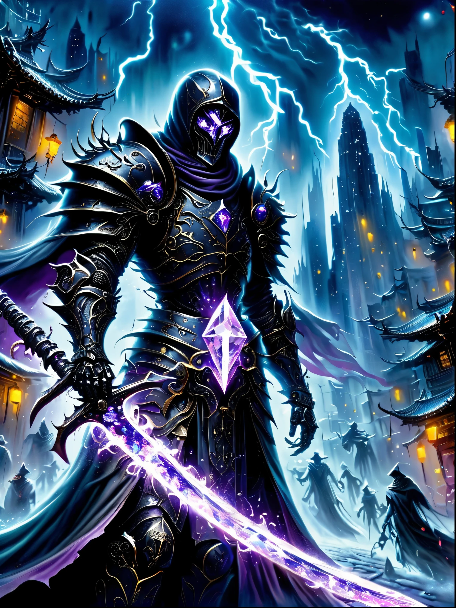 Hong Kong style, Soul Knight, Black undead armor with purple elements,Holding a transparent purple burning luminous crystal sword,The sword is grounded ,Black hood and cape, Robe-infused armor, glowing purple cross eye, natural inspiration, bones as accessories, City ruins at night, linquivera background full of chaotic patterns, rain, Disturbing, depress, masterpiece, HD, ((Marc Chagall style)), Amazing naive art, primitivism, original gene,((best quality, masterpiece)), (higher detail), Impressionism:1.1, 8K