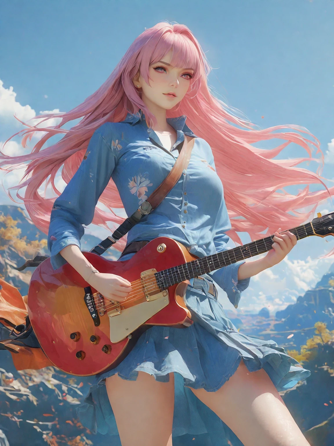 diy22，Highest quality, ultra-high definition, masterpieces, 8k, realistic, anime styled, 3d render，anime girl with pink hair and a blue shirt holding a guitar, artwork in the style of guweiz, ross tran style, ross tran. scenic background, anime girl with long hair, guitar solo, anime cover, high quality anime artstyle, in the style of ross tran, anime vibes, guweiz, beautiful anime art style, anime style 4 k
