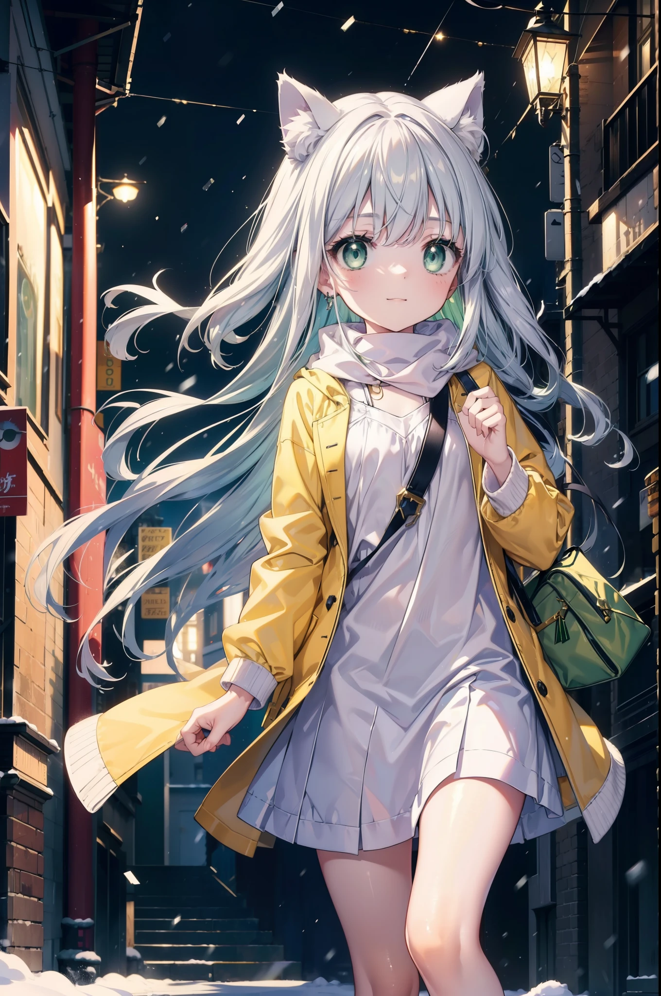 index, index, (green eyes:1.5), silver hair, long hair, (flat chest:1.2),Cat ear,cat tail,blush,smile,open your mouth,gray handbag,yellow long coat, white hoodie, black long skirt,black pantyhose,Mini Boots,winter,night,cold sky,snow is scattered,It&#39;s snowing,background　big christmas tree,
break looking at viewer, Upper body, whole body,
break outdoors, In town,building street,
break (masterpiece:1.2), highest quality, High resolution, unity 8k wallpaper, (figure:0.8), (detailed and beautiful eyes:1.6), highly detailed face, perfect lighting, Very detailed CG, (perfect hands, perfect anatomy),