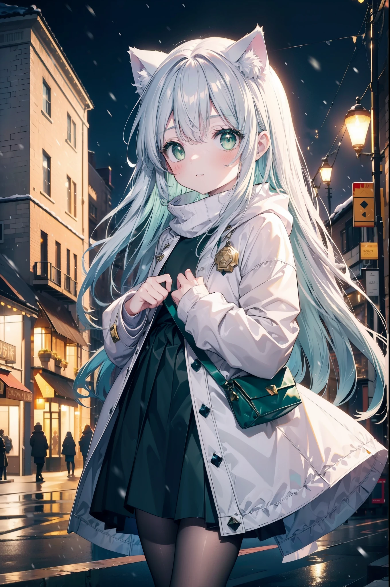 index, index, (green eyes:1.5), silver hair, long hair, (flat chest:1.2),Cat ear,cat tail,blush,smile,open your mouth,gray handbag,yellow long coat, white hoodie, black long skirt,black pantyhose,Mini Boots,winter,night,cold sky,snow is scattered,It&#39;s snowing,background　big christmas tree,
break looking at viewer, Upper body, whole body,
break outdoors, In town,building street,
break (masterpiece:1.2), highest quality, High resolution, unity 8k wallpaper, (figure:0.8), (detailed and beautiful eyes:1.6), highly detailed face, perfect lighting, Very detailed CG, (perfect hands, perfect anatomy),