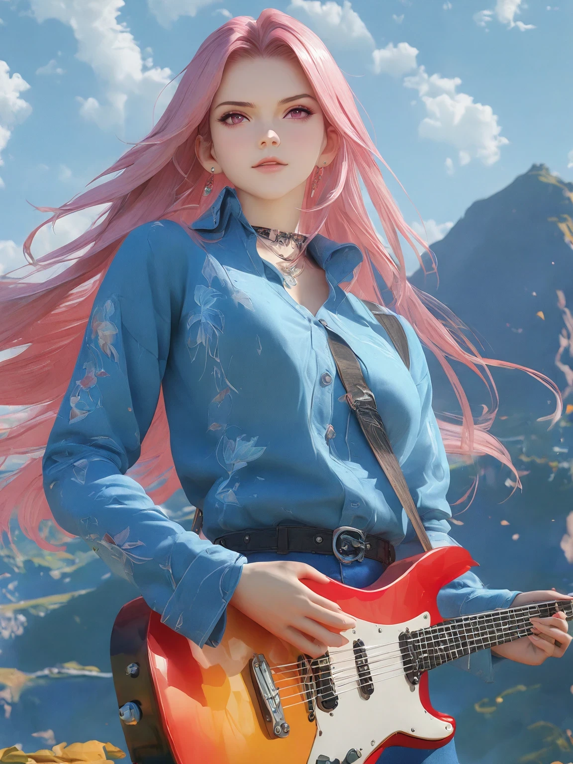 diy22，Highest quality, ultra-high definition, masterpieces, 8k, realistic, anime styled, 3d render，anime girl with pink hair and a blue shirt holding a guitar, artwork in the style of guweiz, ross tran style, ross tran. scenic background, anime girl with long hair, guitar solo, anime cover, high quality anime artstyle, in the style of ross tran, anime vibes, guweiz, beautiful anime art style, anime style 4 k
