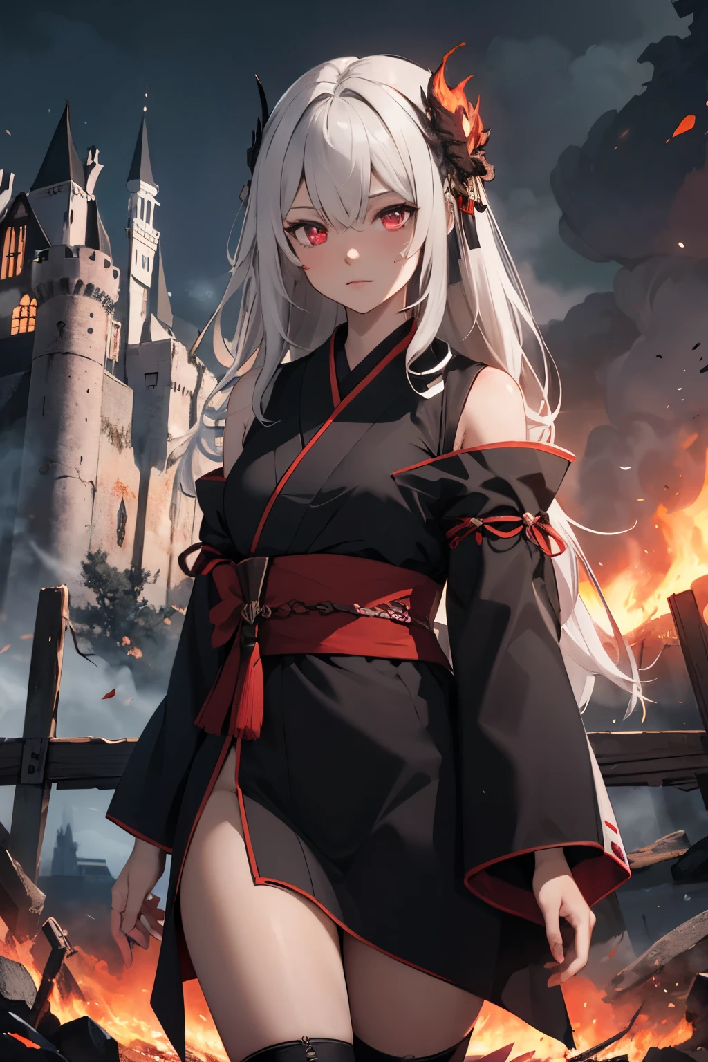 ((highest quality)), ((masterpiece)), (be familiar with), perfect face, 1 girl, black kimono, long hair ,gray hair, red eyes,  A battlefield filled with black flames, wallpaper, landscape, Blood, evening, particles of light, light, thighs, fan, castle in the background