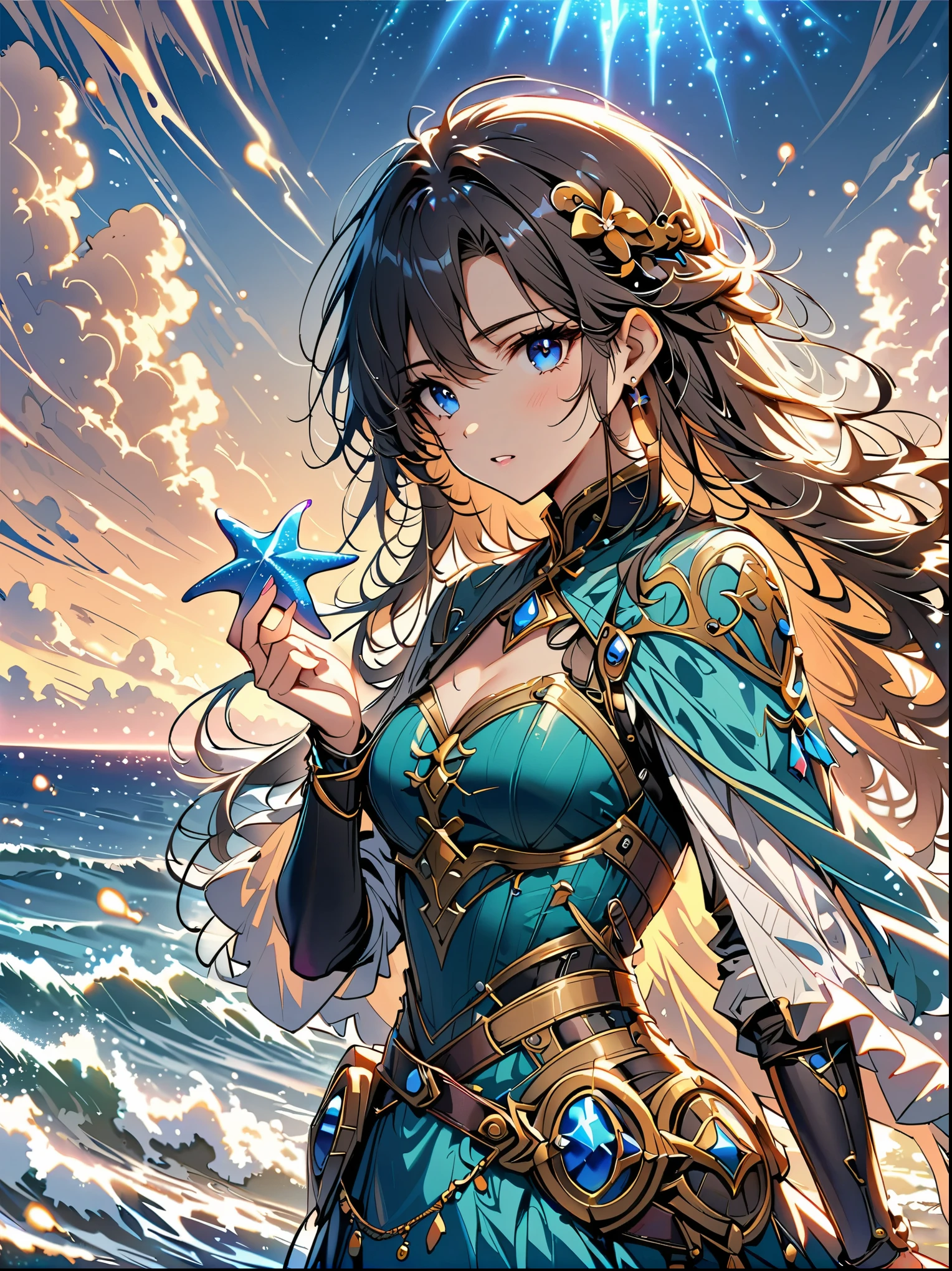 highest quality,masterpiece:1.2,detailed details,A -yeld wo dressed up as a portrait of Ariel the Little Mermaid of Disney,Exquisite facial features,She held a starfish in her hand,She sits by the sea,There is foam everywhere