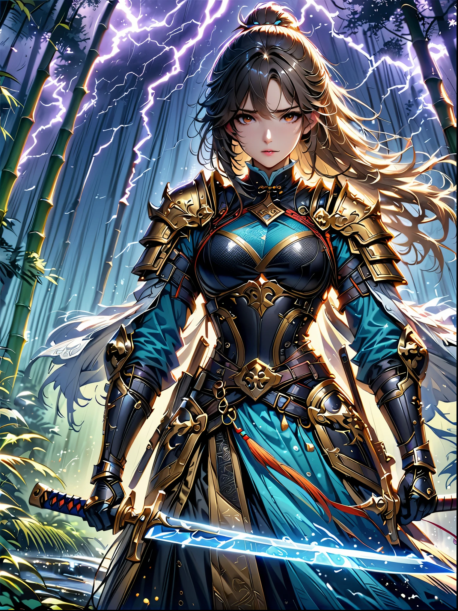 fantasy,forest scenery photo,Chinese martial arts style,Skin is moist and shiny,(25-year-old female samurai wearing black combat clothing,Holding golden decoration and glowing knife),(In a dense bamboo forest,Forest trails,night,thunderstorm,heavily clouded,rainwater:1.2),Chinese style,barbara(Genshin:0.5),Elsa(Frozen:0.5),(fine details:1.2),black hair,wavy hairstyle,light,sad,brown eyes,Symmetrical facial features,Delicate hands,Exquisite fingers,Combat attire,(masterpiece:1.2),(Epic composition:1.4),(talent:1.2),Super details,Highly detailed,Crazy details,(Realistic photos:1.2),HDR,8K,Exquisite,sharp,grace,Dreamy bright colors,high quality,
