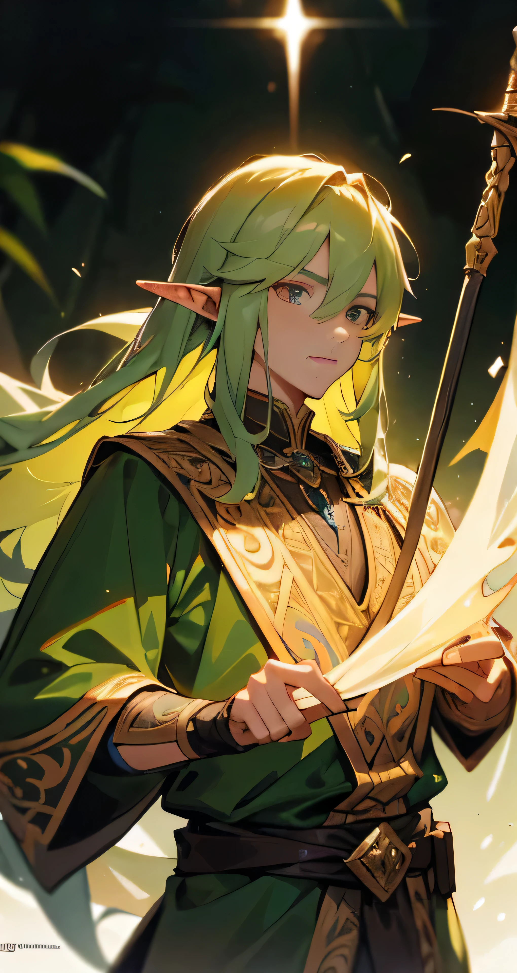 There is a man with a scarlet mane and adorned in a green shirt, a portrait of a charismatic half-elf male adventurer. His youthful features radiate wisdom, as he dons the robes of a wizard. The portrait of a male half-elf wizard, with piercing emerald eyes and an elven ear peeking out from under a tousled mop of curly hair. A portrait of a proud and strong male elf stands tall, bow in hand, ready for battle as an elf ranger. The half-elven male, with intricate tattoos on his arms, exudes an aura of heroism in this epic RPG portrait. The fantasy RPG