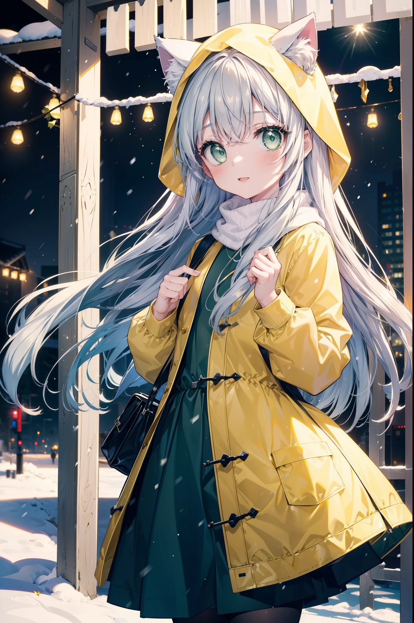 index, index, (green eyes:1.5), silver hair, long hair, (flat chest:1.2),Cat ear,cat tail,blush,smile,open your mouth,gray handbag,yellow long coat, white hoodie, black long skirt,black pantyhose,Mini Boots,winter,night,cold sky,snow is scattered,It&#39;s snowing,background　big christmas tree,
break looking at viewer, Upper body, whole body,
break outdoors, In town,building street,
break (masterpiece:1.2), highest quality, High resolution, unity 8k wallpaper, (figure:0.8), (beautiful deしっぽed eyes:1.6), extremely deしっぽed face, perfect lighting, extremely deしっぽed CG, (perfect hands, perfect anatomy),