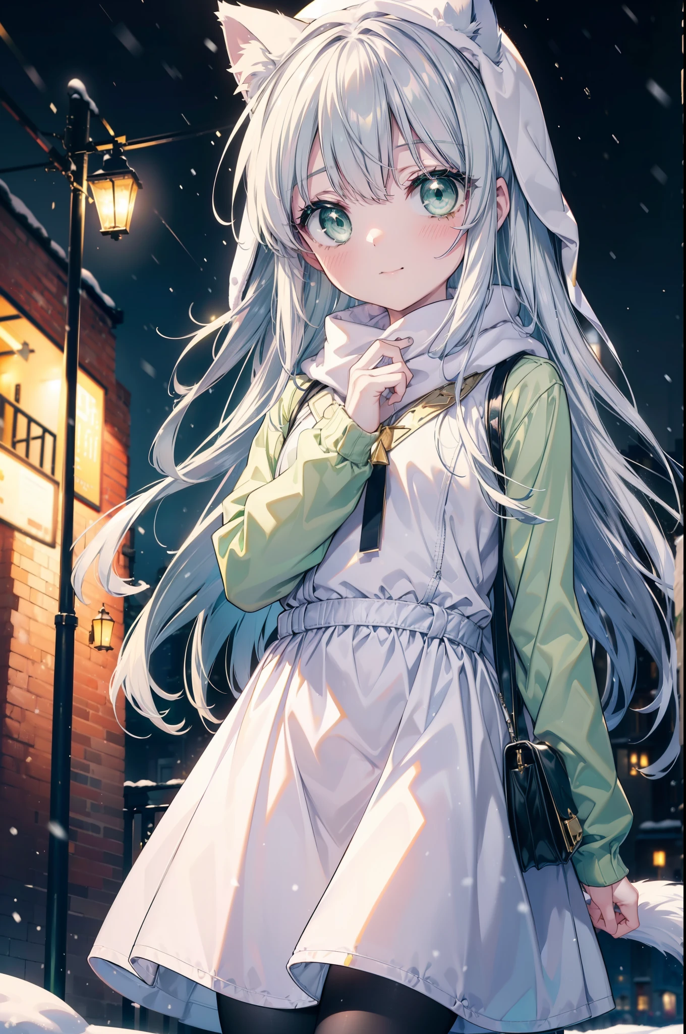 index, index, (green eyes:1.5), silver hair, long hair, (flat chest:1.2),Cat ear,cat tail,blush,smile,open your mouth,gray handbag,yellow long coat, white hoodie, black long skirt,black pantyhose,Mini Boots,winter,night,cold sky,snow is scattered,It&#39;s snowing,background　big christmas tree,
break looking at viewer, Upper body, whole body,
break outdoors, In town,building street,
break (masterpiece:1.2), highest quality, High resolution, unity 8k wallpaper, (figure:0.8), (beautiful deしっぽed eyes:1.6), extremely deしっぽed face, perfect lighting, extremely deしっぽed CG, (perfect hands, perfect anatomy),