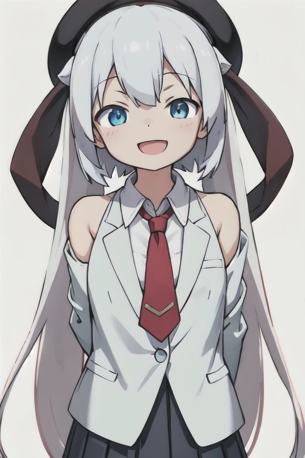 white background、Solid white background、blank background、arms behind back、hide your hands、beautiful detailed eyes、red eyes、White hair x red eyes、White hair, red eyes、redhead inside、「tsurime」「slant eyes」Upper body photographed from the front,(high quality, Breathtaking),(delicate eyes, perfect face)solo,Era: late 20s, open your mouth without showing your teeth、Smile with mouth wide open、open your mouth wide、medium shoulder length hair, white hair, white long sleeve blazer clothes,white pleated skirt、beret