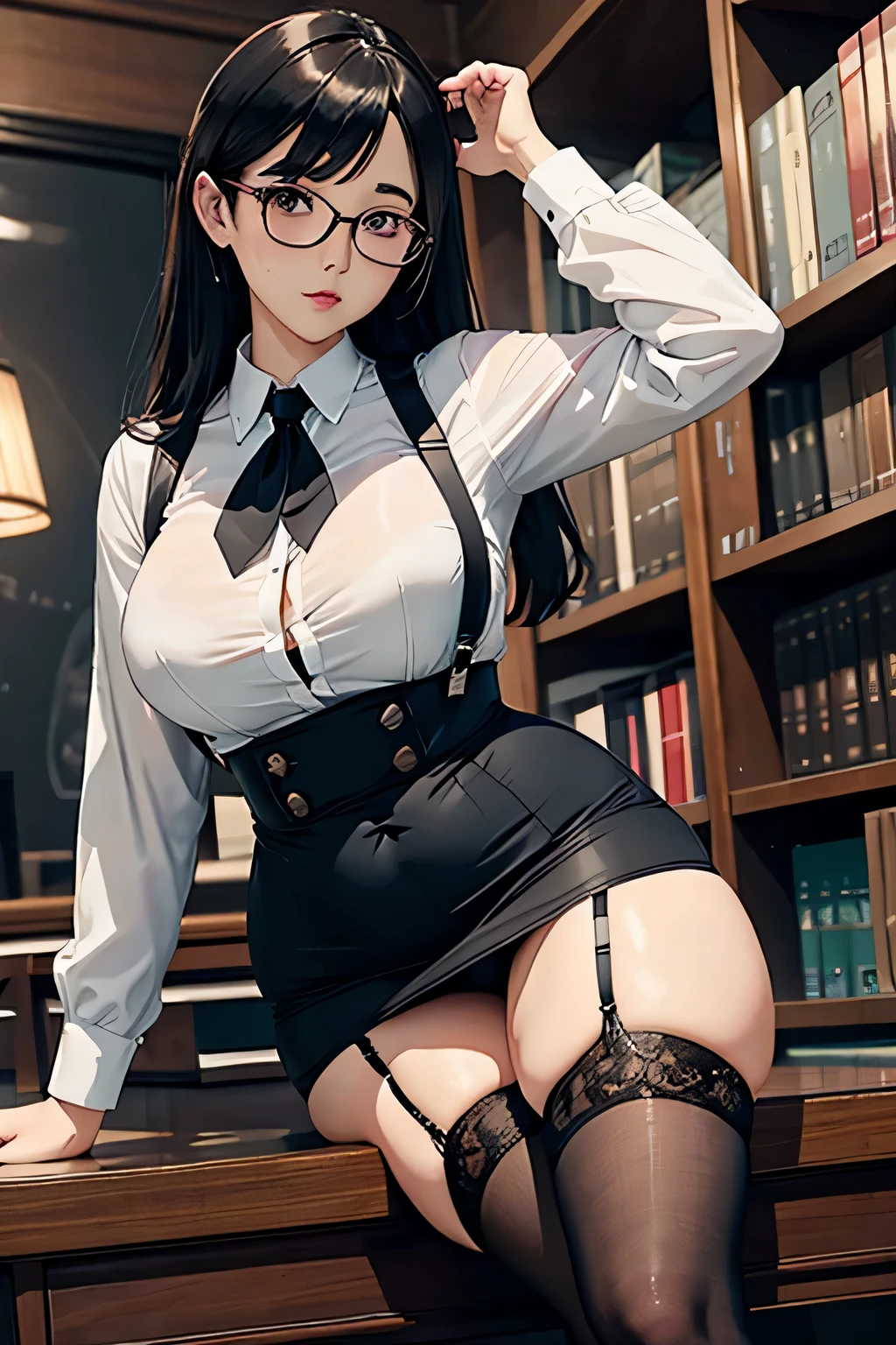 a female professor ,Very plump figure,Wearing black suspender stockings,White shirt and black hip skirt, Resting on the table in the library wearing clear half-rimmed glasses,oriental face,Sling stockings,The abdomen is graceful,thin waist and long legs,