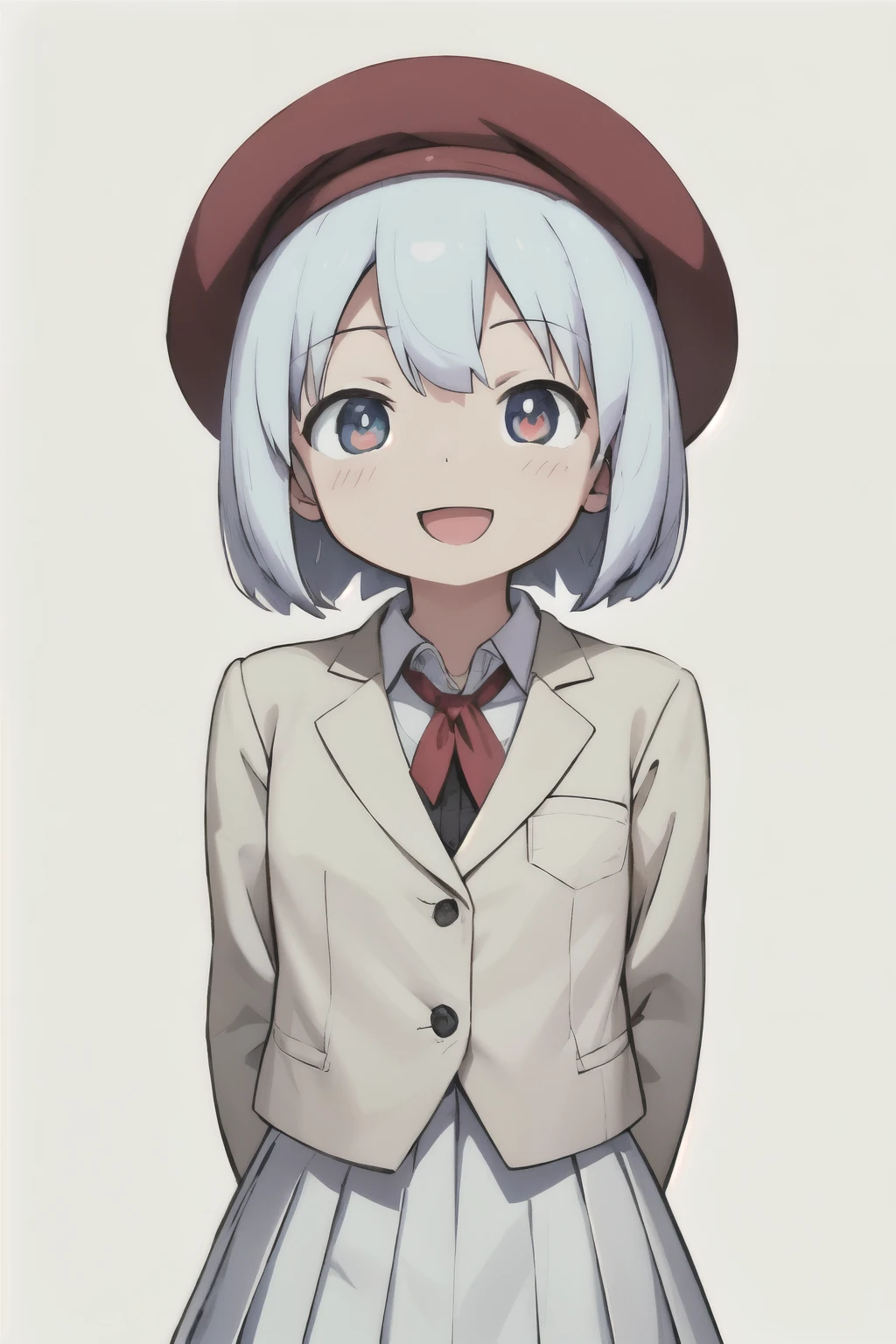 white background、Solid white background、blank background、arms behind back、hide your hands、beautiful detailed eyes、red eyes、White hair x red eyes、White hair, red eyes、redhead inside、「tsurime」「slant eyes」Upper body photographed from the front,(high quality, Breathtaking),(delicate eyes, perfect face)solo,Era: late 20s, open your mouth without showing your teeth、Smile with mouth wide open、open your mouth wide、medium shoulder length hair, white hair, white long sleeve blazer clothes,white pleated skirt、beret
