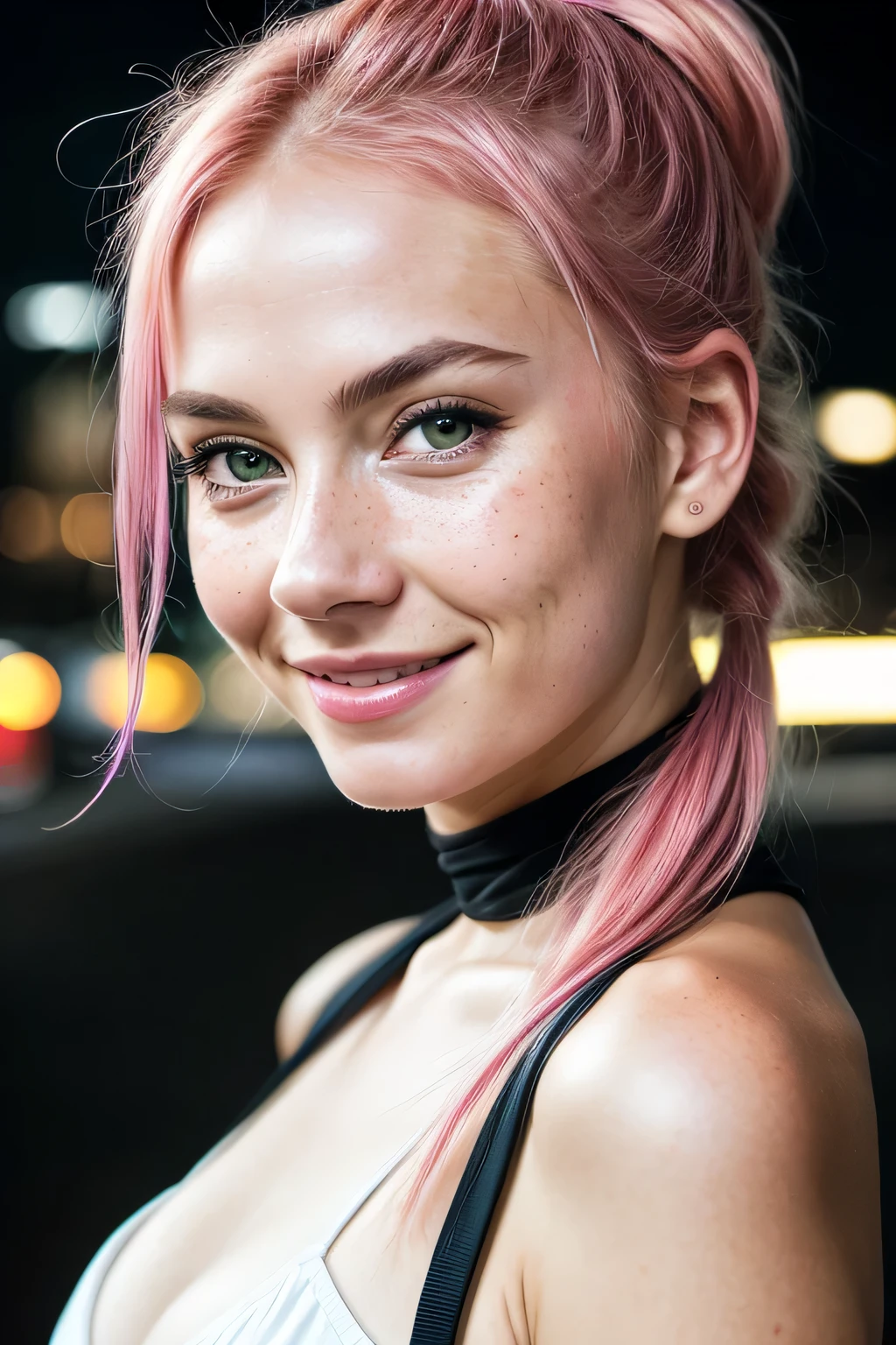 (RAW photo) night scene, close up photo of a sexy girl, posing, looking at viewer, smiling, pink hair in a ponytail, (green eyes:0.8), cute young face, 18 yo, soft volumetric lights, soft key and fill lighting, (backlit:1.3), (cinematic:1.3), intricate details, (ArtStation:1.2), skin blemishes, (freckles:0.9), detailed eyes, micro details, FUJI XT3, photorealistic, photorealism
