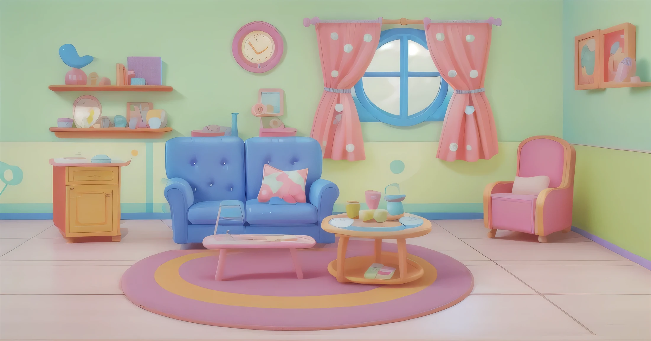 cartoon illustration of a living room with a blue chair and a table, in a candy land style house, candy hospital room, cozy home background, cozy living room background, cute cartoon style, interior background art, personal room background, house interior, living room background, cozy room, busy room, casual playrix games, clean room, alien room background, girly bedroom