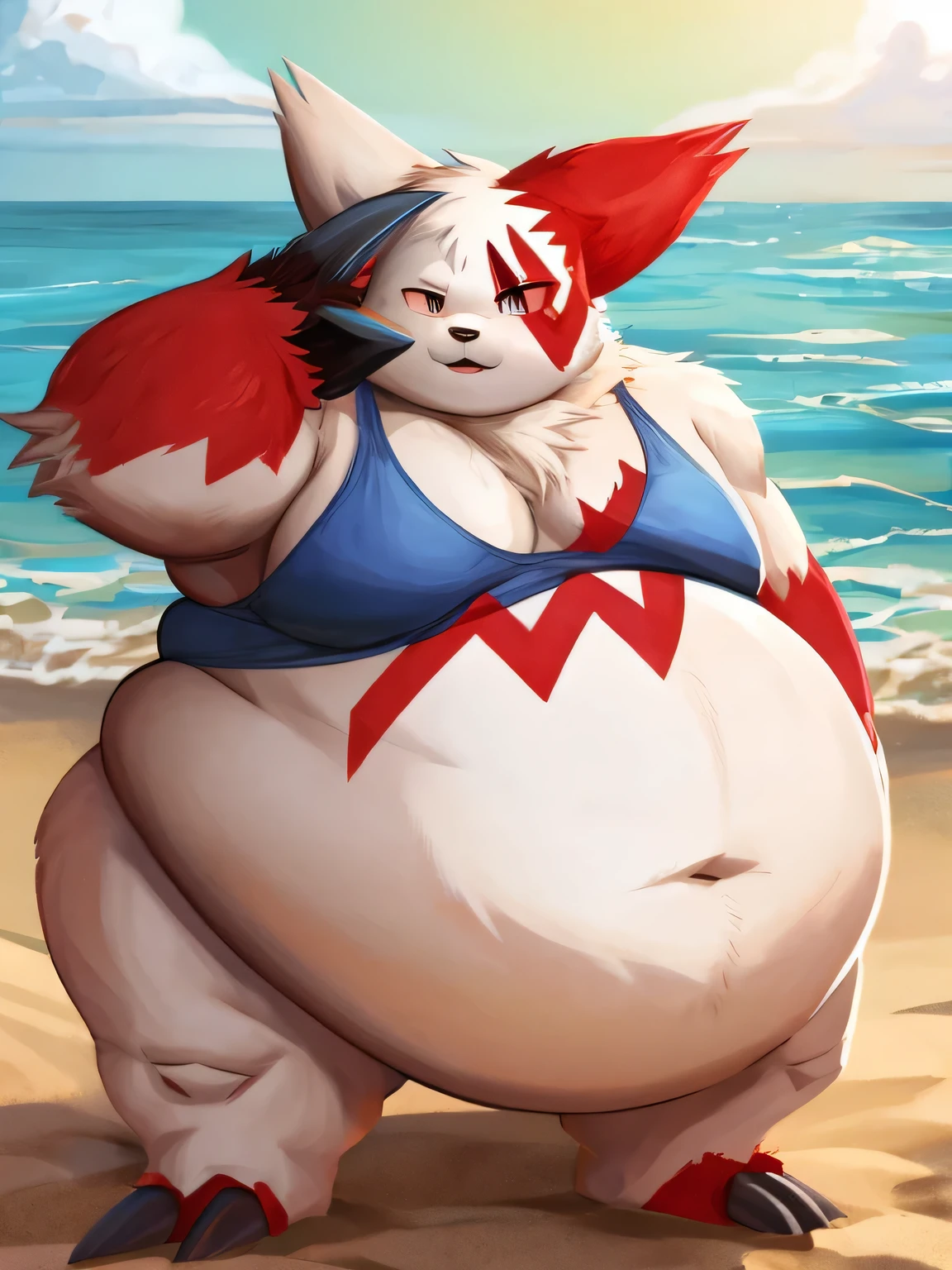 Zangoose、muscle-gut, Giant Monsterountain of fat、The body is buried due to fat、The stomach is triangular、Extreme obesity、very thick fat、my stomach touches the ground、Stomach like a giant balance ball、Saggy belly、Sharp claws, detailed eyes, very tall、Thick animal-like legs、Cheeks that store fat、thick arms、huge torso、thick neck、fat neck、legs buried in fat, thick twisted corners, On the Beach,