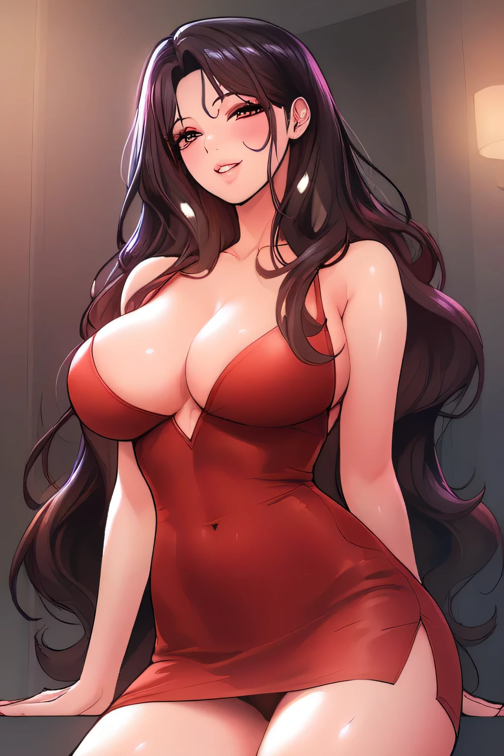 score_9, score_8_up, score_7_up, score_6_up, score_5_up, score_4_up, yu hee, brown eyes, black hair, long hair, large breasts, red short dress, bare shoulders,