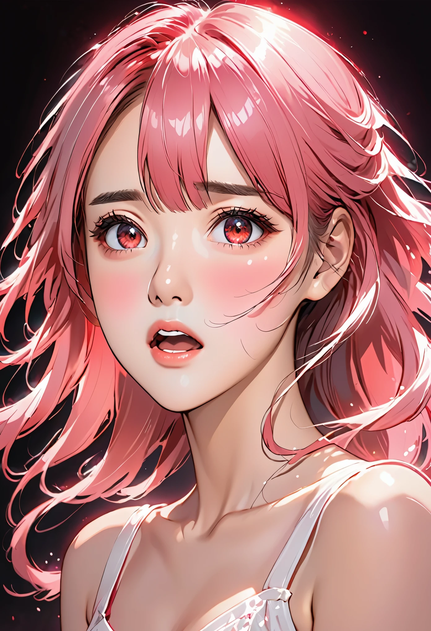 glow art: 1.0), (bright, sketch, : 1.0), 1 girl, Bangs, red eyes bright relucent light in hair, blush, clavicle, hair between eyes, long hair, looking at the audience, OK, open mouth, pink hair, portrait, shining, shining hair, Side Mao Insult,