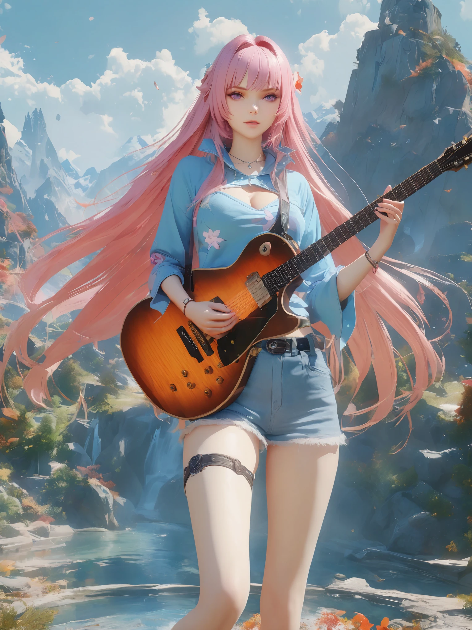 diy23，Highest quality, ultra-high definition, masterpieces, 8k, realistic, anime styled, 3d render，anime girl with pink hair and a blue shirt holding a guitar, artwork in the style of guweiz, ross tran style, ross tran. scenic background, anime girl with long hair, guitar solo, anime cover, high quality anime artstyle, in the style of ross tran, anime vibes, guweiz, beautiful anime art style, anime style 4 k
