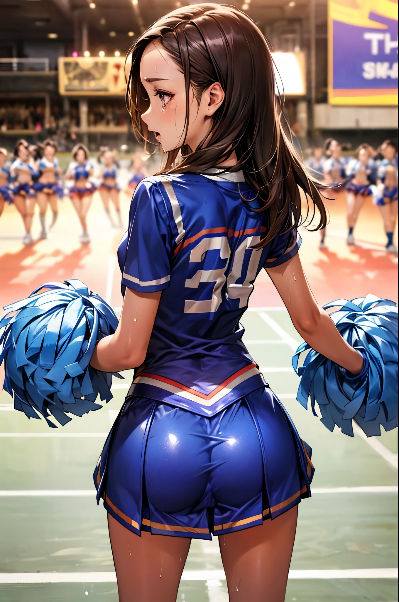 katara, bown hair, dark skin, hair loops,,cheerleader, topless, holding pom poms, enormous tits, massive breasts, midriff, navel, blue short pleated miniskirt, ,holding pom poms, (cheerleading), pom poms,pussy, nipples, blue eyes , skirt, blue u.a. cheerleader uniform, huge breasts, jumping, exposed pussy, excited, massive tits, exposed breasts, nudity, slutty, huge heavy breasts, breasts popping out, jumping, in the air, nip slip, legs apart, pussy, nipples,, stadium background, happy 1girl, solo, outdoors, grass, crotch shot, blushing, legs spread, bent legs, bouncing tits, joyful,