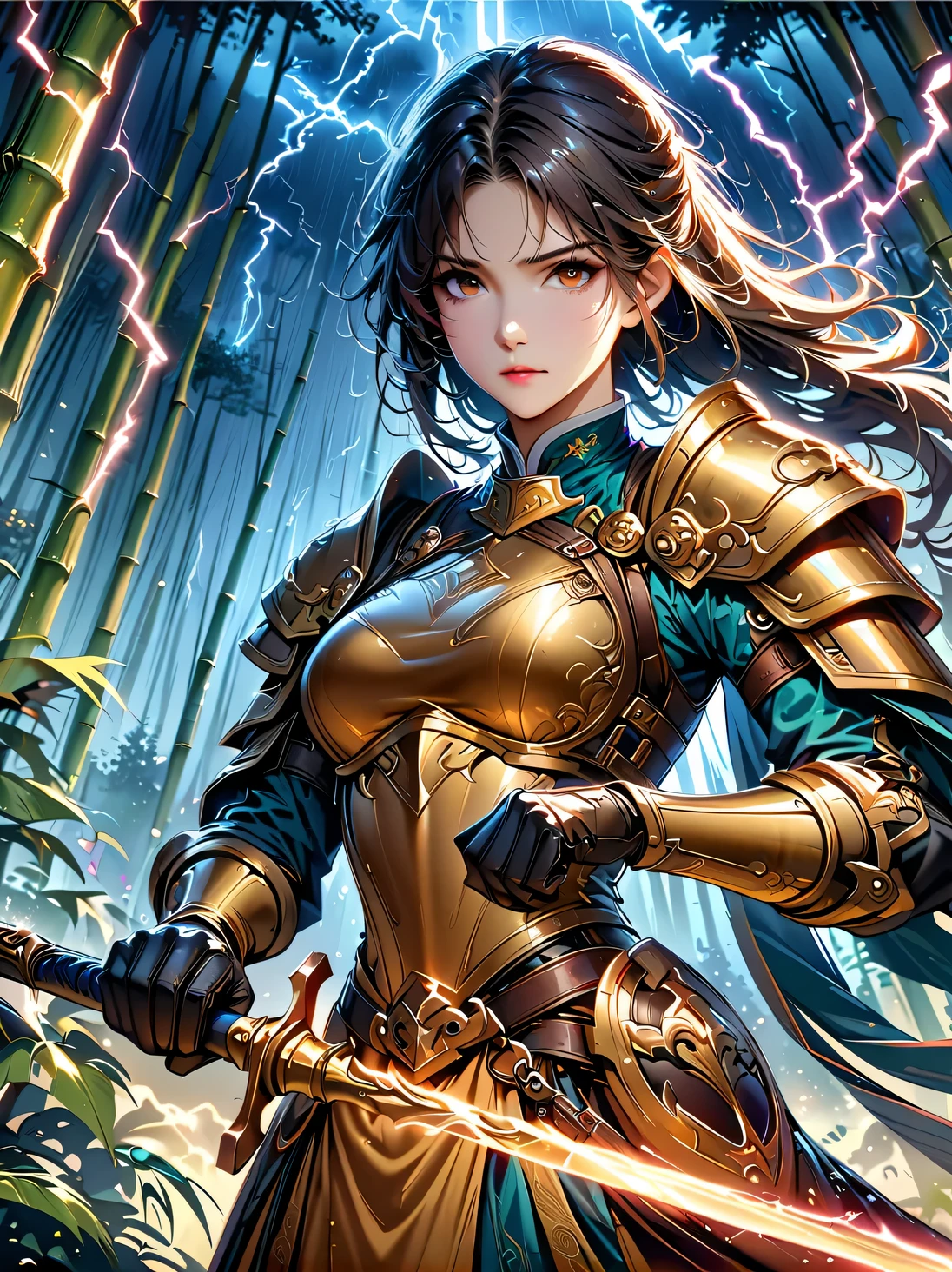 fantasy，forest scenery photo，Chinese martial arts style，Skin is moist and shiny，(Female warrior wearing pink and gold combat costume，Holding golden decoration and glowing long stick)，(In a dense bamboo forest，Forest trails，night，thunderstorm，heavily clouded，rainwater:1.2)，Chinese style，barbara(Genshin:0.5)，Elsa(Frozen:0.5)，(fine details:1.2)，black hair，wavy hairstyle，light，sad，brown eyes，Symmetrical facial features，Delicate hands，Exquisite fingers，Combat attire，(masterpiece:1.2)，(Epic composition:1.4)，(talent:1.2)，Super details，Highly detailed，Crazy details，(Realistic photos:1.2)，HDR，8K，Exquisite，sharp，grace，Dreamy bright colors，high quality，illustration，Vector graphic design，Chinese ink style