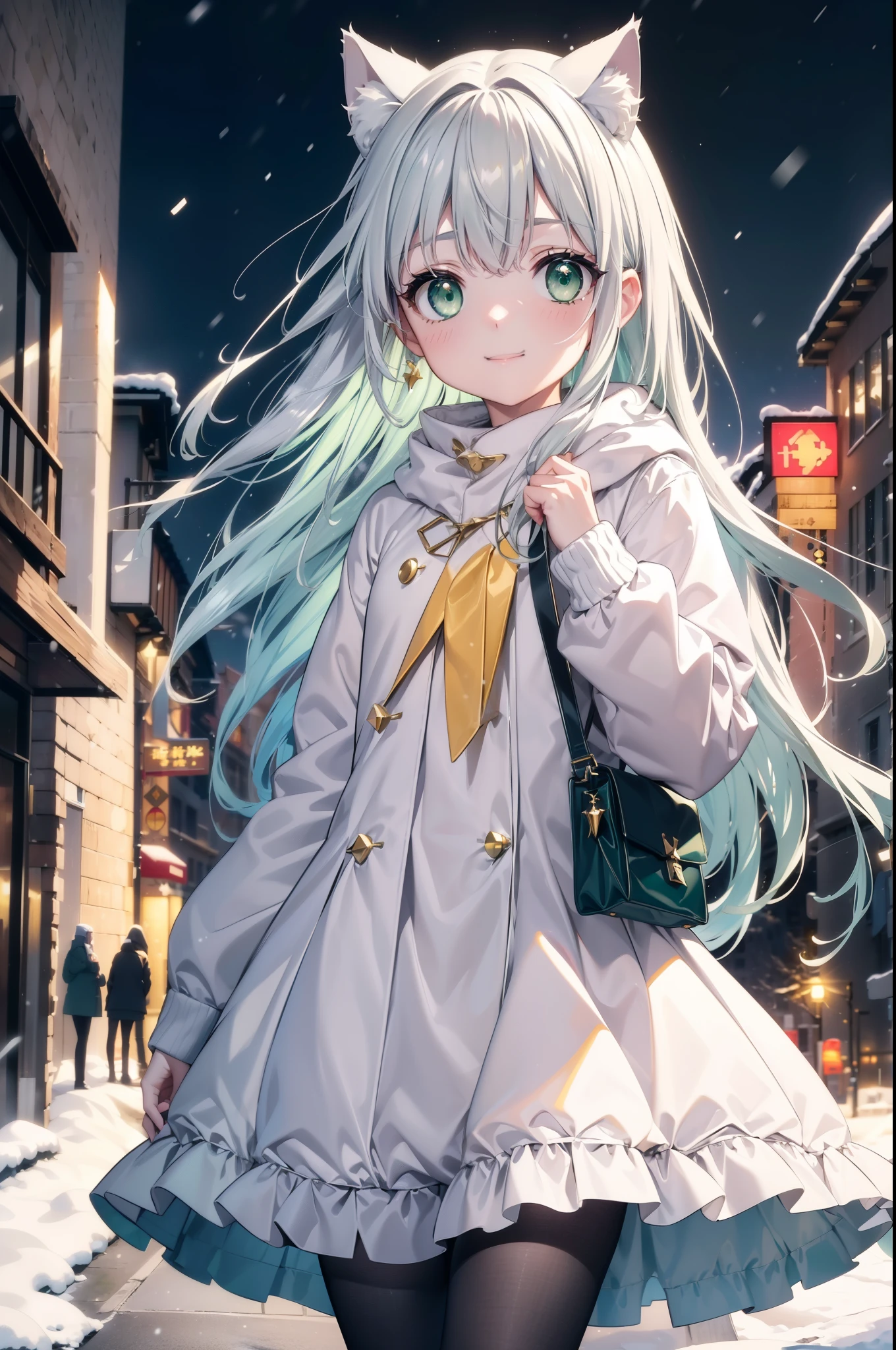 index, index, (green eyes:1.5), silver hair, long hair, (flat chest:1.2),Cat ear,cat tail,blush,smile,open your mouth,gray handbag,yellow long coat, white hoodie, black long skirt,black pantyhose,Mini Boots,winter,night,cold sky,snow is scattered,It&#39;s snowing,background　big christmas tree,
break looking at viewer, Upper body, whole body,
break outdoors, In town,building street,
break (masterpiece:1.2), highest quality, High resolution, unity 8k wallpaper, (figure:0.8), (beautiful deしっぽed eyes:1.6), extremely deしっぽed face, perfect lighting, extremely deしっぽed CG, (perfect hands, perfect anatomy),