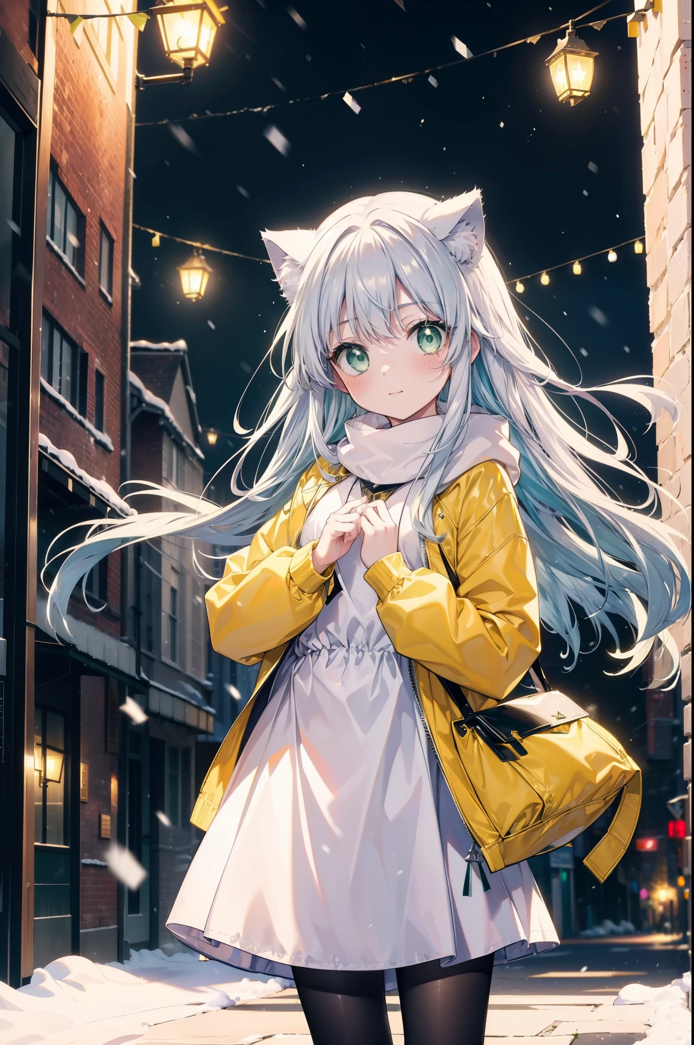 index, index, (green eyes:1.5), silver hair, long hair, (flat chest:1.2),Cat ear,cat tail,blush,smile,open your mouth,gray handbag,yellow long coat, white hoodie, black long skirt,black pantyhose,Mini Boots,winter,night,cold sky,snow is scattered,It&#39;s snowing,background　big christmas tree,
break looking at viewer, Upper body, whole body,
break outdoors, In town,building street,
break (masterpiece:1.2), highest quality, High resolution, unity 8k wallpaper, (figure:0.8), (beautiful deしっぽed eyes:1.6), extremely deしっぽed face, perfect lighting, extremely deしっぽed CG, (perfect hands, perfect anatomy),