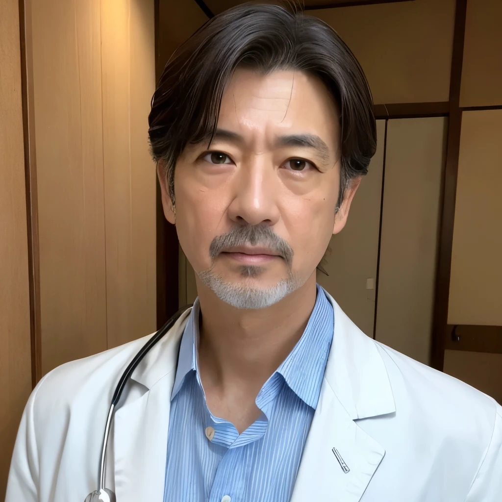 High resolution、High level image quality、high detail、masterpiece、realistic skin,、rough skin、(anatomically correct)、1 person、((white clothes)))、((authority))、((Japanese 48 year old male doctor))